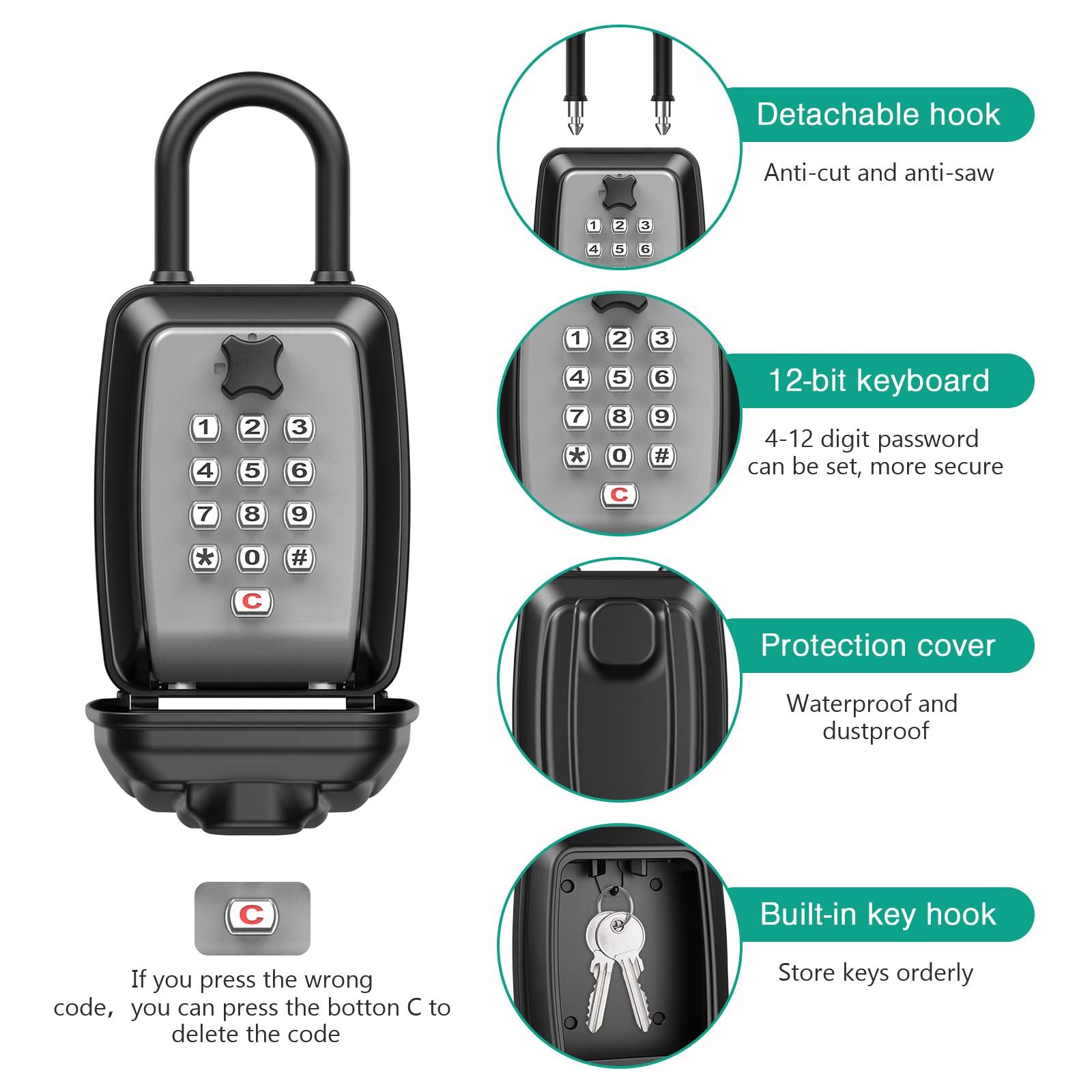 ORIA Key Lock Box - Push Button Combination Lock Safe with 9-Digit Code, Removable Shackle for Outdoor, Home & Office Security | Perfect for House Keys, Airbnb Rentals, and Property Management