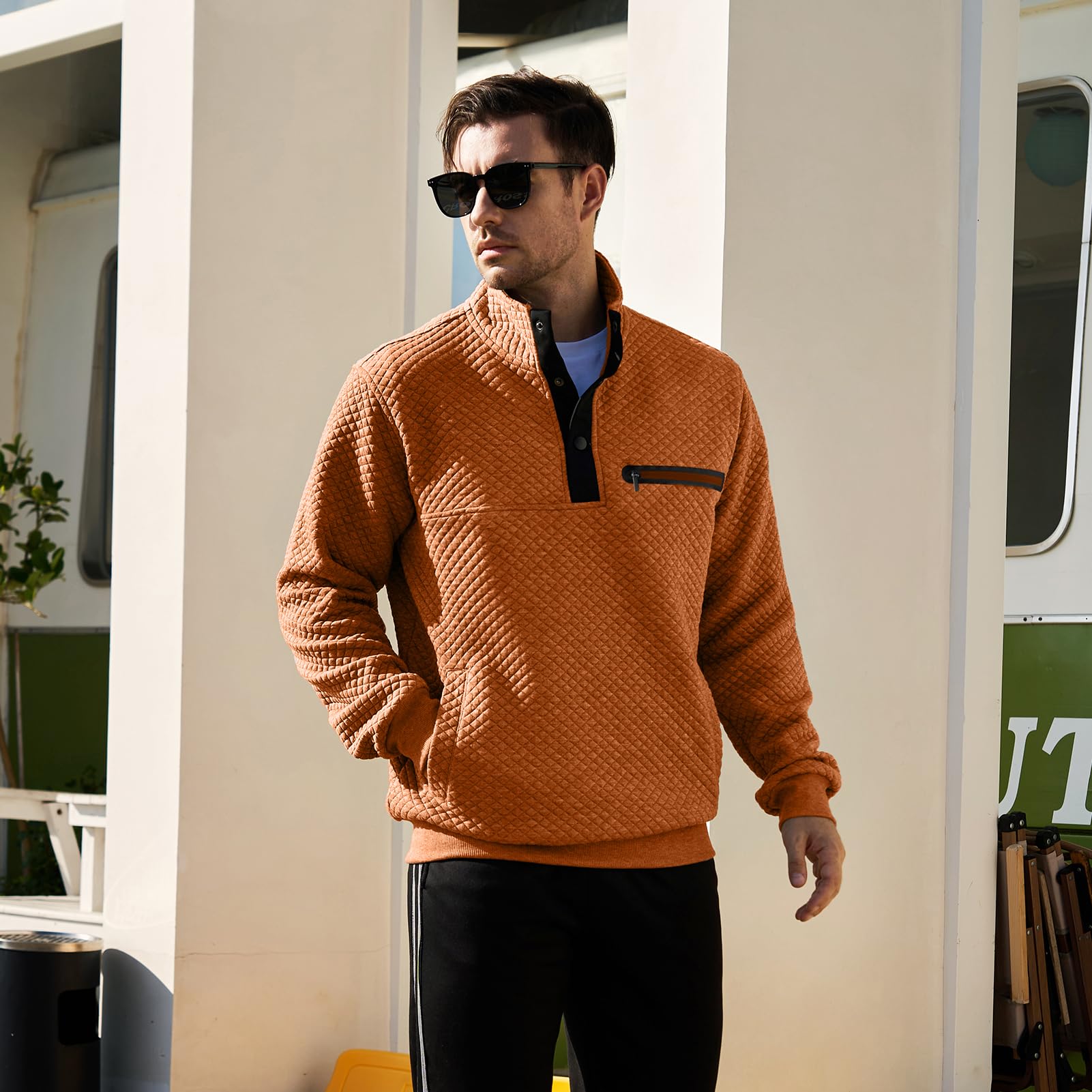 Men's Casual Long Sleeve Waffle Knit Pullover Sweatshirt with Stand Collar & Button Pocket - Cozy Winter Layering & Outdoor Activities