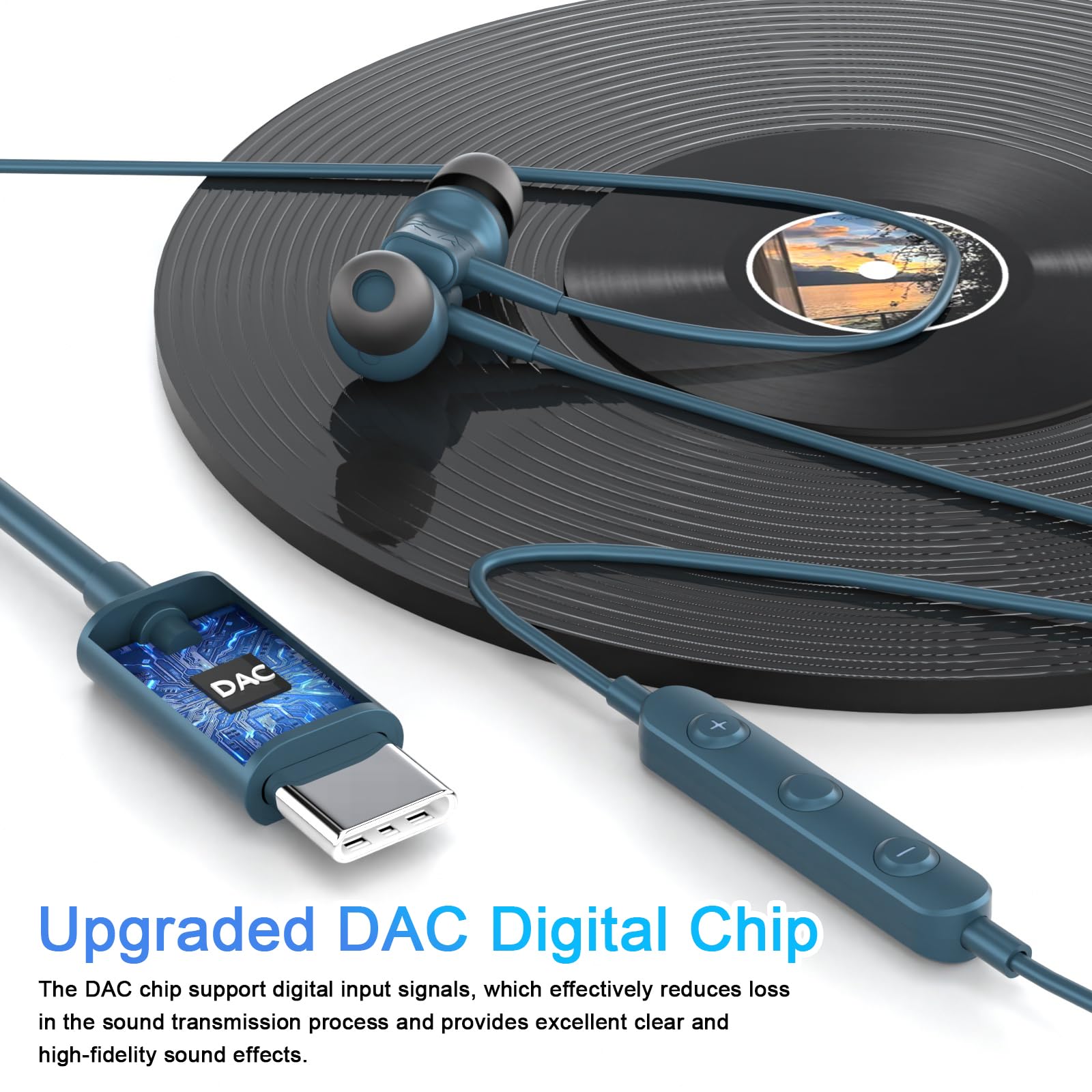 Premium USB C Wired Headphones with Noise Cancelling & Magnetic Earbuds - Type C Earphones Compatible with iPhone 16/15 Pro Max, Galaxy S25/S24/S23 Ultra, Pixel 8/7 - Built-in Mic & Volume Control (Lake Blue) - Perfect for Commuting, Workouts & Gaming