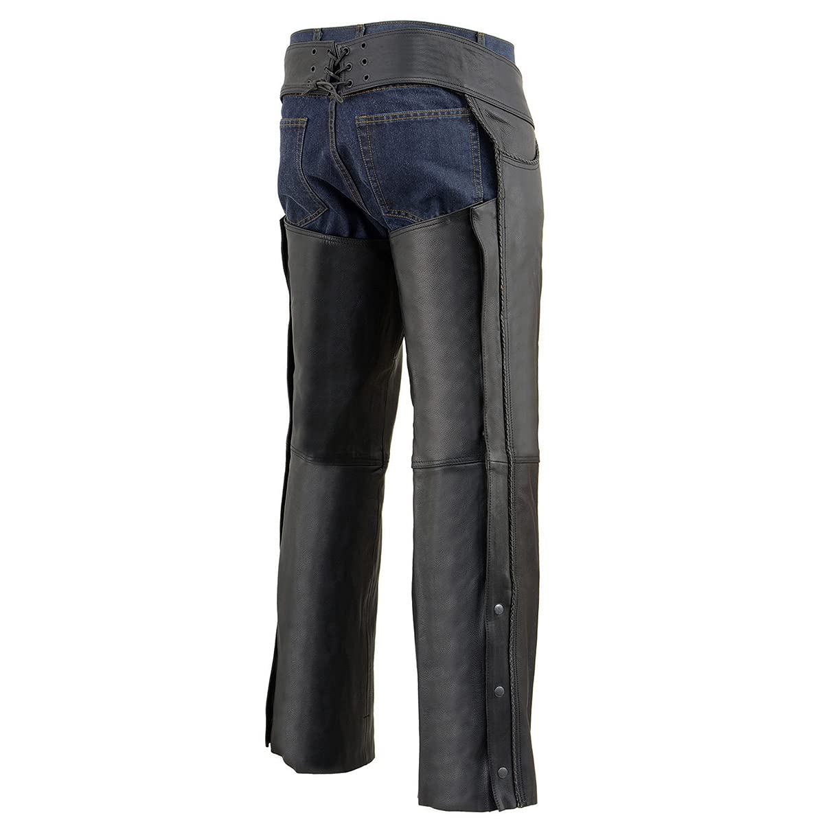 Milwaukee ML1125 Men's Black Premium Braided Leather Motorcycle Chaps - Thin Jean Style with Pockets - XL Size | Perfect for Riding, Biker Events & Outdoor Adventures