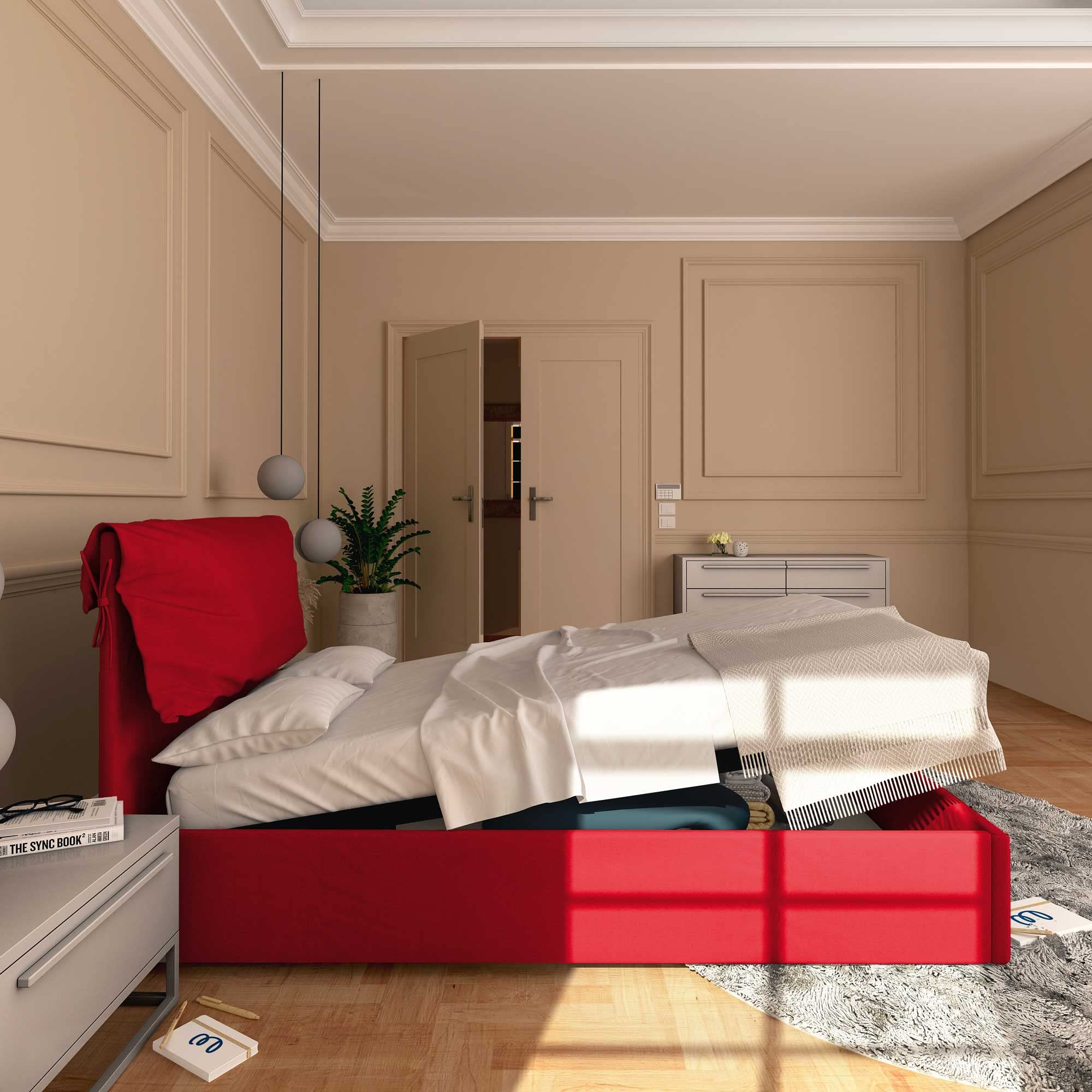Baldiflex Single Bed with Storage - Licia Soft Synthetic Leather Upholstery, Slatted Base for Single Mattress, 120 x 200 cm, Padded Headboard, Red - Perfect for Small Bedrooms, Guest Rooms & Studio Apartments