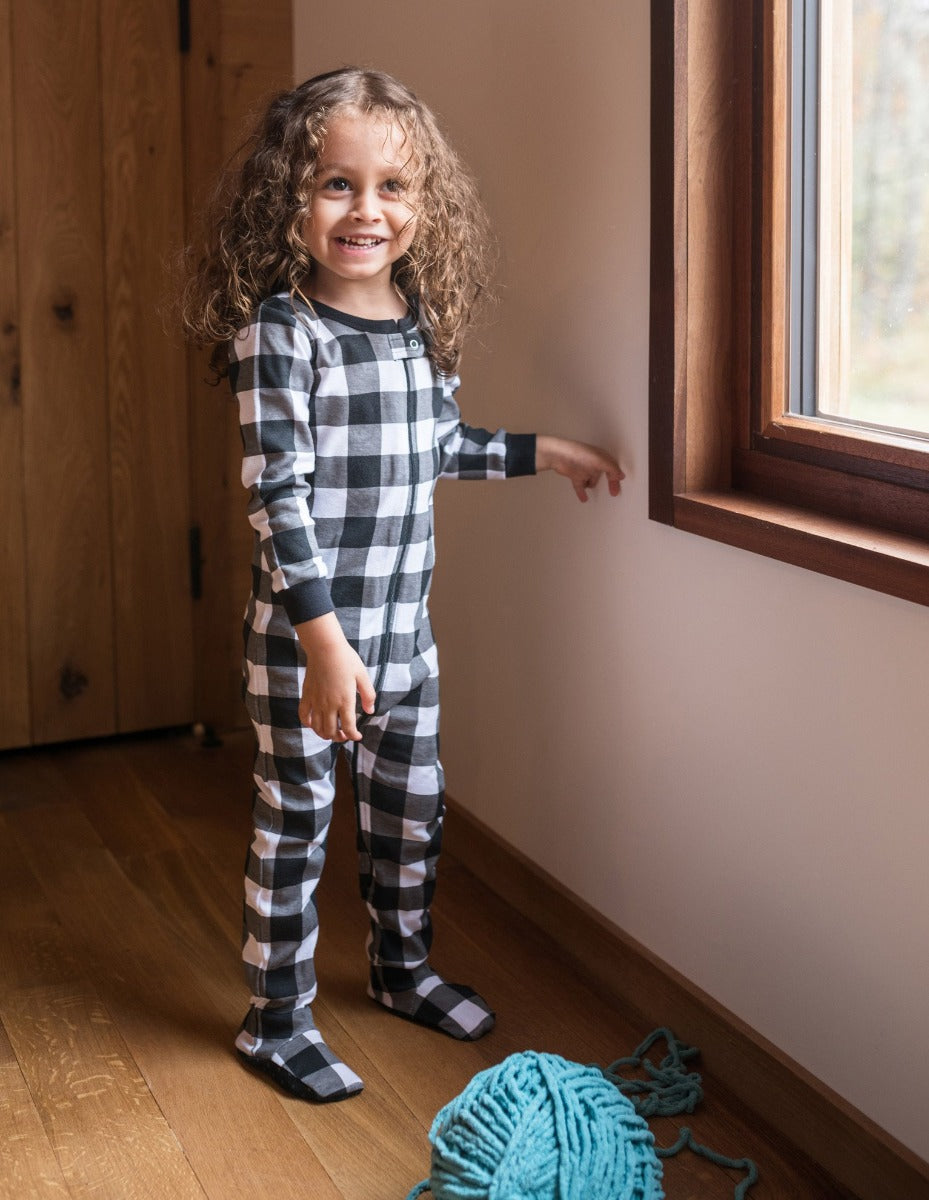 Kids' Black & White Plaid Cotton Footed Pajamas - Warm & Cozy Sleepwear for Boys & Girls - Perfect for Winter Nights, Bedtime & Lounging