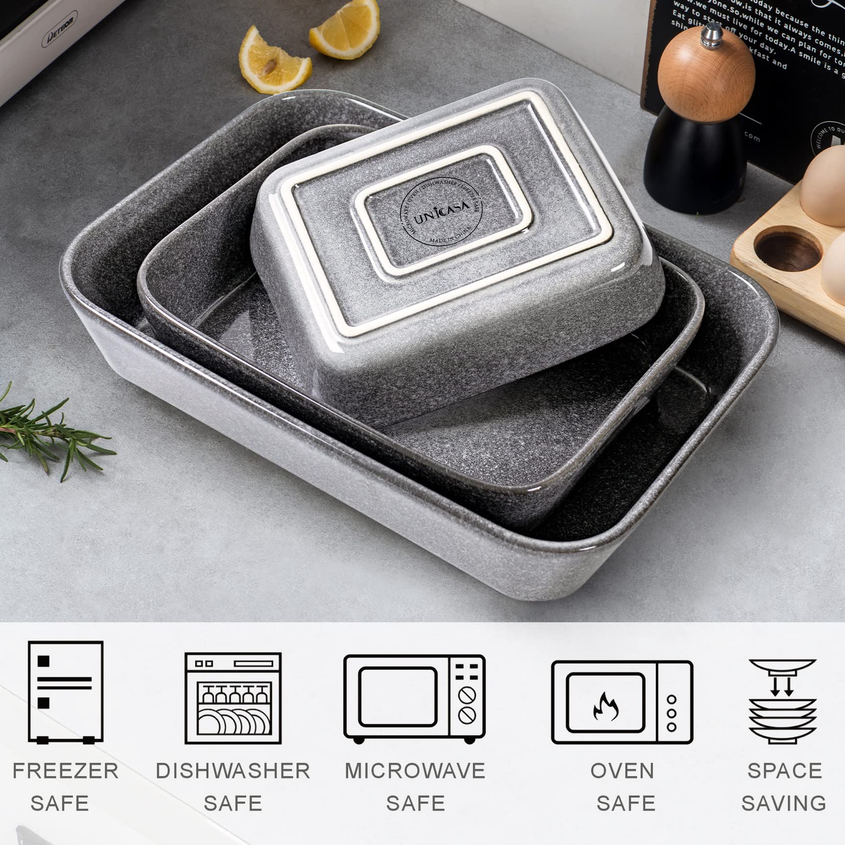 UNICASA 9x13 Inch Ceramic Casserole Dish Set of 3 - Oven Safe Baking Pans for Lasagna, Cakes & Dinner | Durable Bakeware for Cooking, Banquets & Family Meals (Gray)
