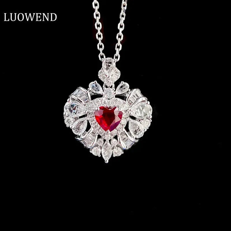 18K White Gold Heart Necklace with Natural Ruby & Real Diamonds - Elegant Women's Engagement Jewelry for Anniversaries, Weddings & Special Occasions