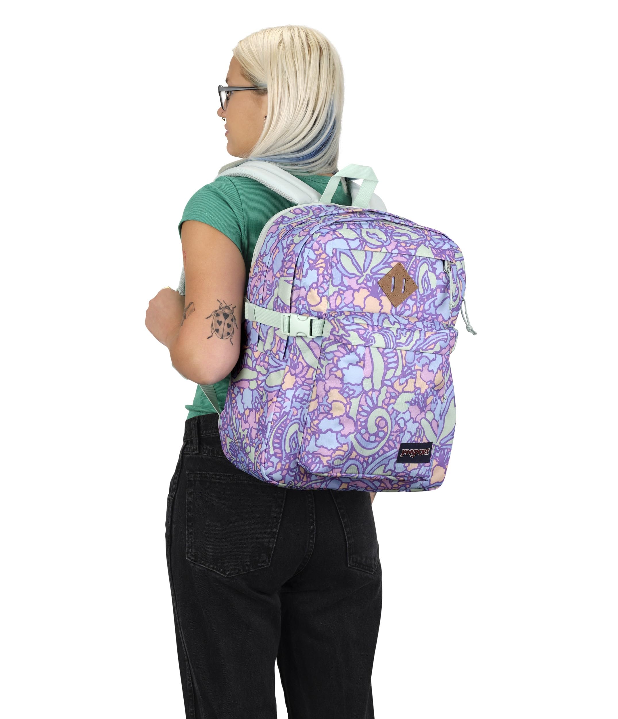 JanSport Main Campus Backpack - Stylish 15-Inch Laptop Backpack for Travel, Work & School with Dual Water Bottle Pockets | Floral Pastel Lilac Design | Perfect for Commuting, College & Outdoor Adventures