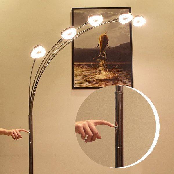 DLLT 5-Head Adjustable Arc Floor Lamp - Modern Spider Design with 5 Flexible Arms, 3 Brightness Levels (Warm White) - Silver Standing Light for Living Room, Bedroom & Office - Perfect for Reading, Working & Ambient Lighting