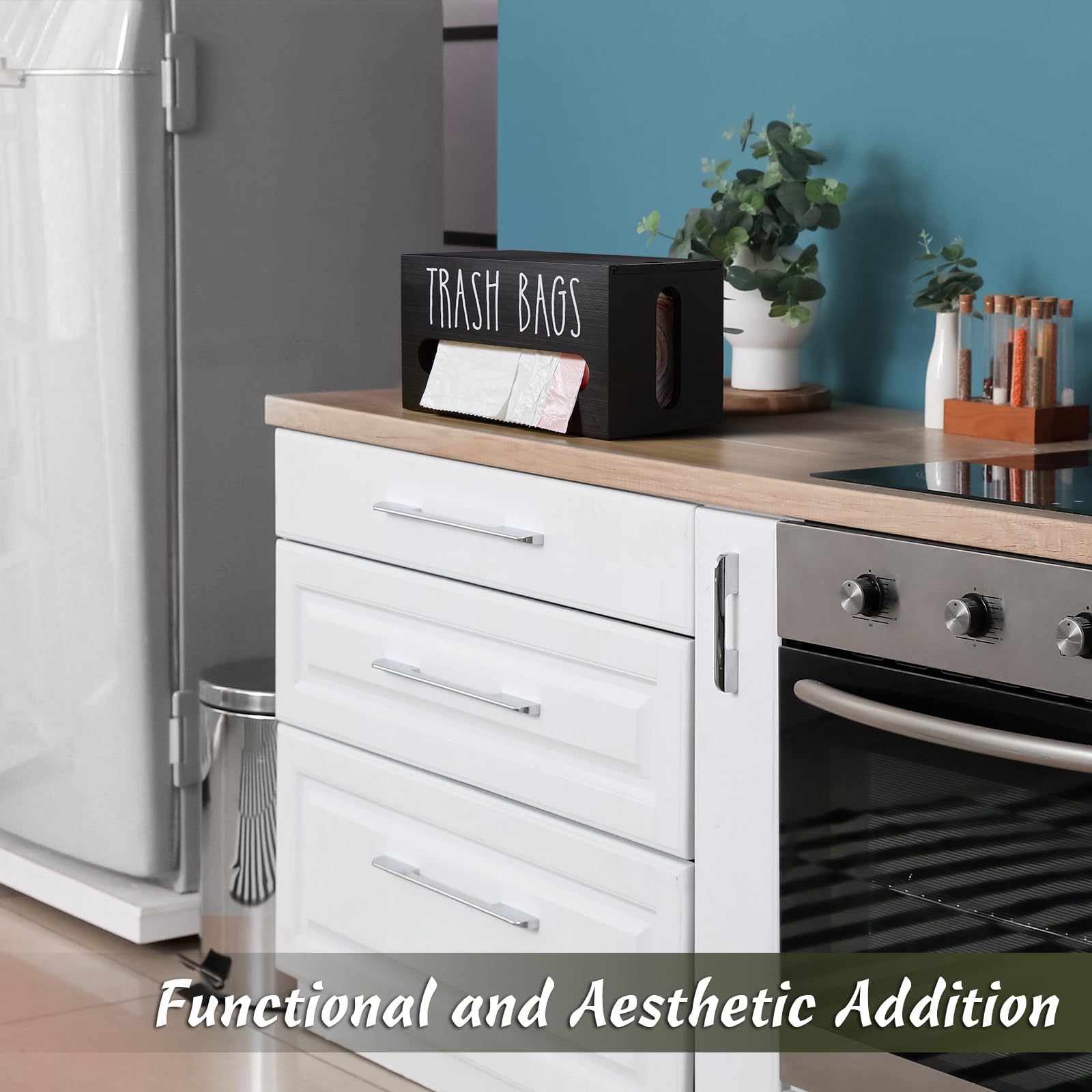 DRASTAR Wall Mount Trash Bag Dispenser - Wooden Garbage Bag Holder & Organizer for Plastic Bags - Kitchen Sink Storage Solution - Perfect for Home, Office, RV and Camping Use