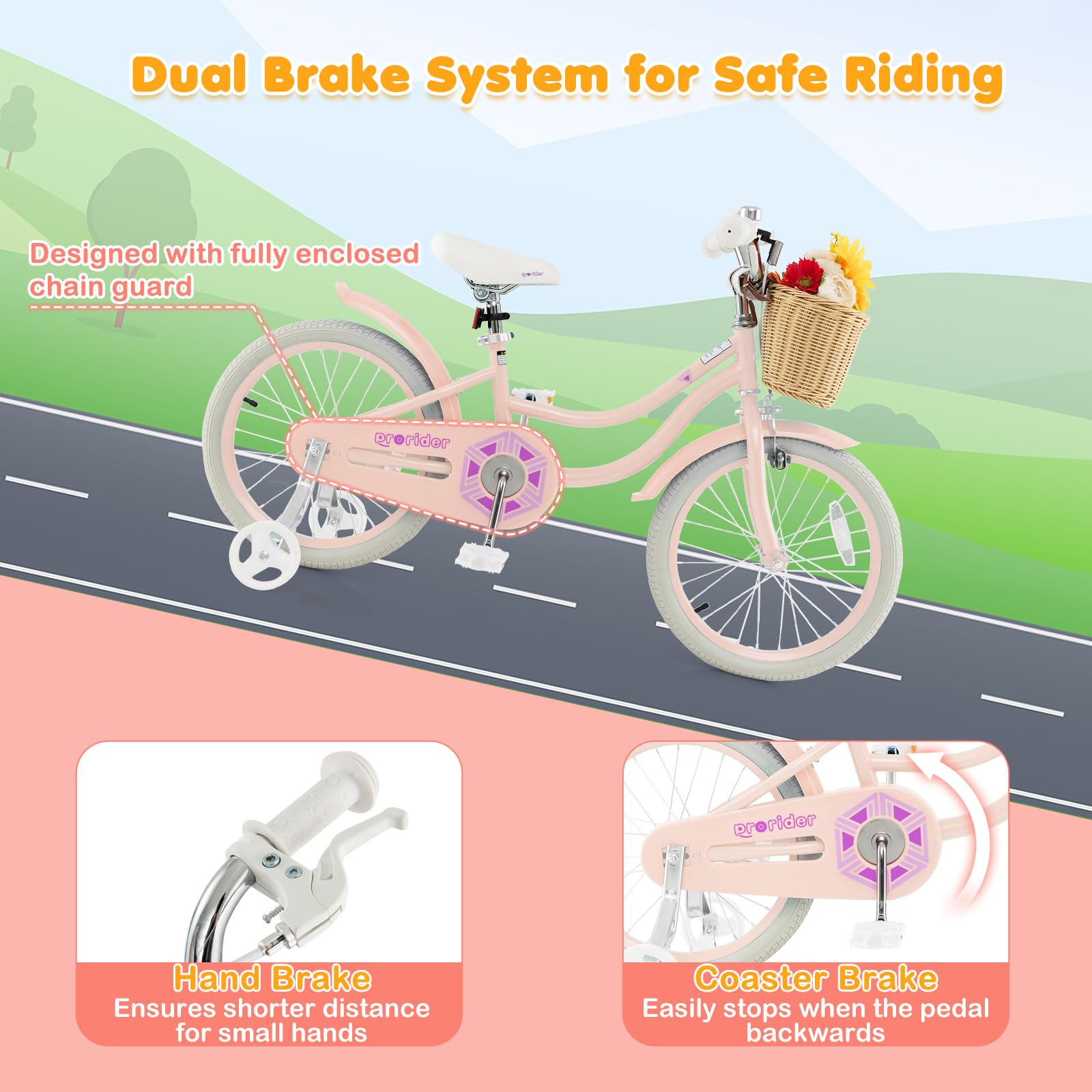 BABY JOY 14 16 18 Inch Kids Bike for Boys & Girls Ages 3-8 - Retro Children's Bicycle with Training Wheels, Adjustable Seat, Rattan Basket & Dual Brakes (Pink, Green, Blue) - Perfect for Neighborhood Rides, Park Adventures & Learning to Cycle