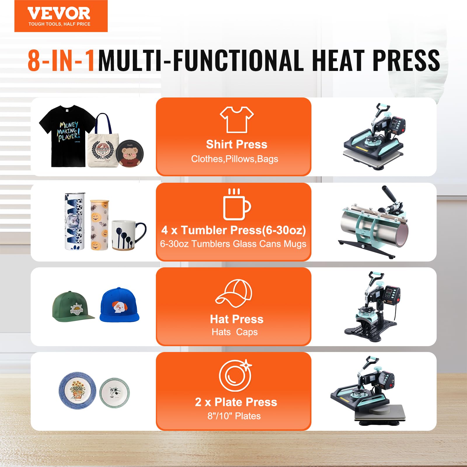 VEVOR 8-in-1 Digital Heat Press Machine for T-Shirts, Hats, Mugs & Plates - 12x15 Inch Swing Away T-Shirt Press with 30oz Tumbler Press, Hat Press & Plate Press (Light Green) - Perfect for DIY Custom Apparel, Sublimation Projects & Small Business Printing