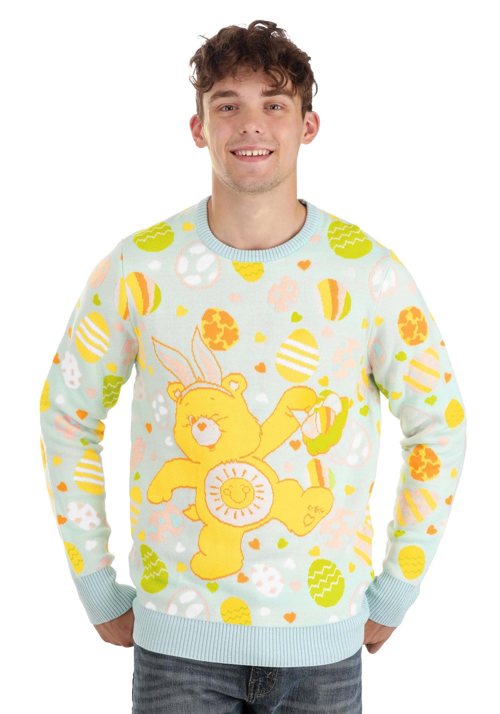 Officially Licensed Adult Care Bears Easter Egg Hunt Pullover Ugly Sweater - Funshine Bear Design | Unisex Holiday Sweater for Christmas, Easter & Cosplay