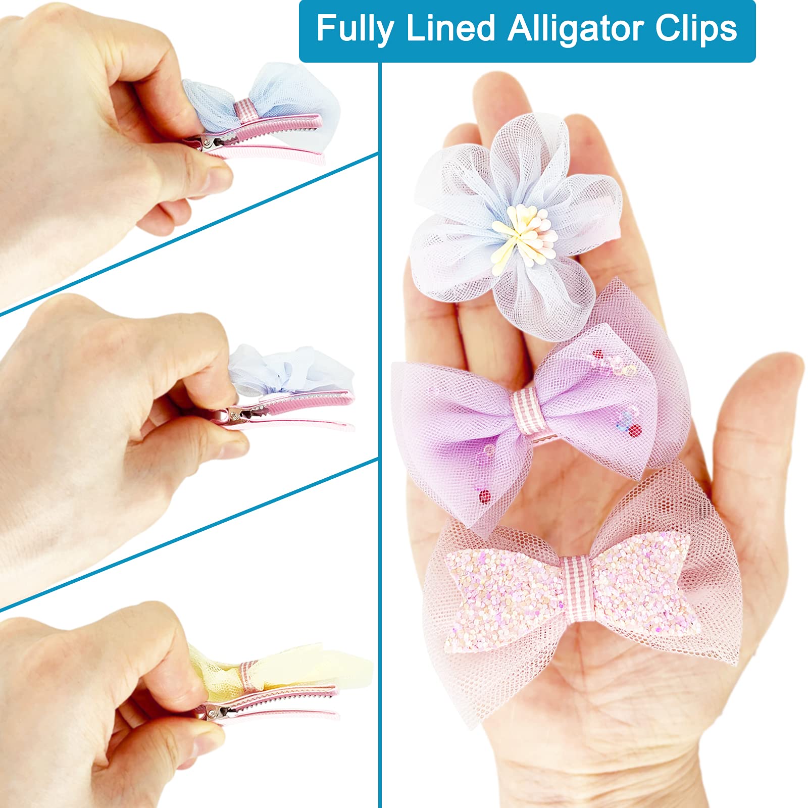 BETITETO 15-Piece Sparkly Tulle Hair Bows with Rhinestone Flower Clips for Girls & Women - Non-Slip Alligator Hair Clips for Parties, Weddings & Daily Wear