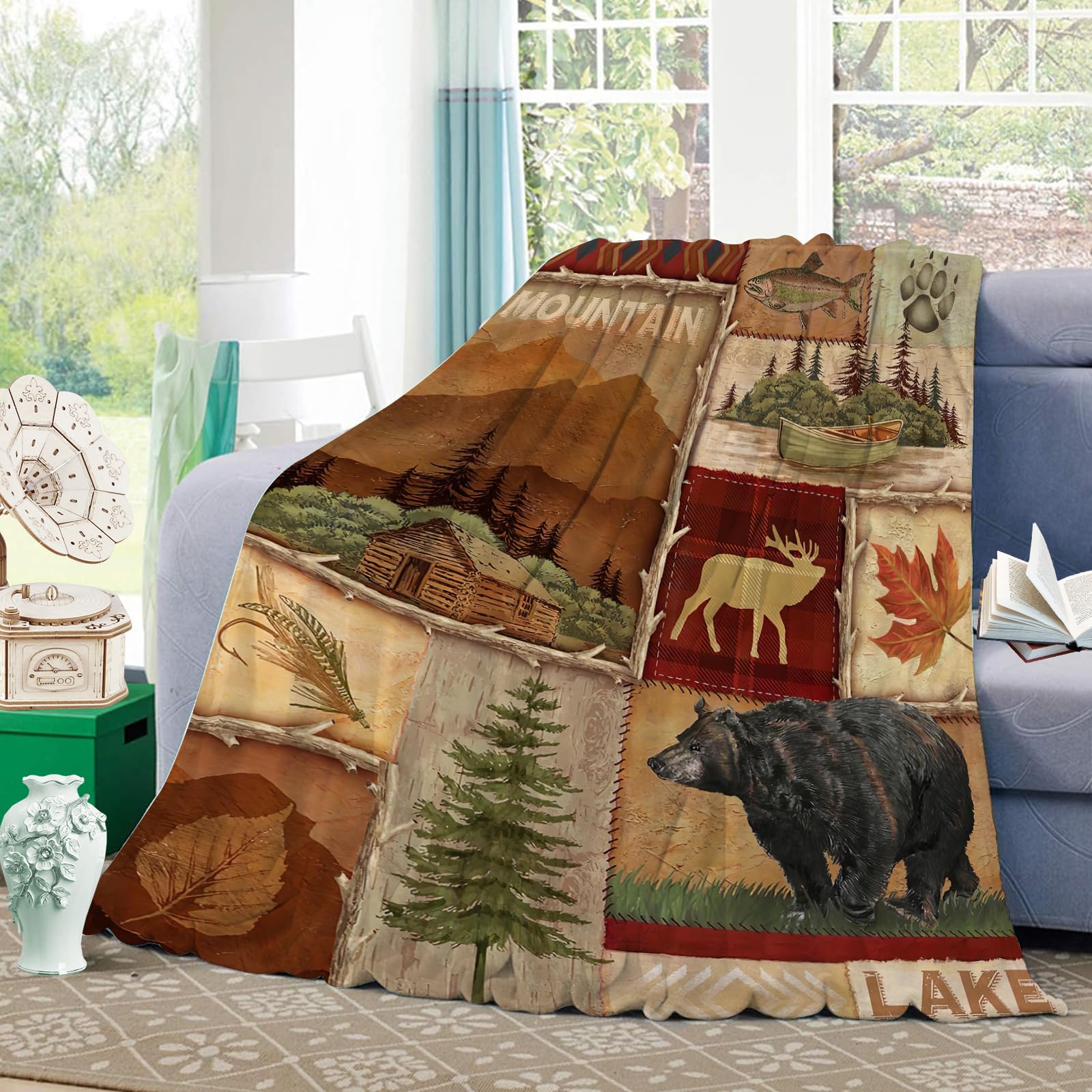 Soft Warm Cozy Rustic Lodge Bear Moose Deer Throw Blanket - Lightweight Decorative Fleece Blanket for Couch, Bed, Sofa & Travel - 50x60 Inches - Perfect for Cabin Decor, Camping & Winter Snuggling