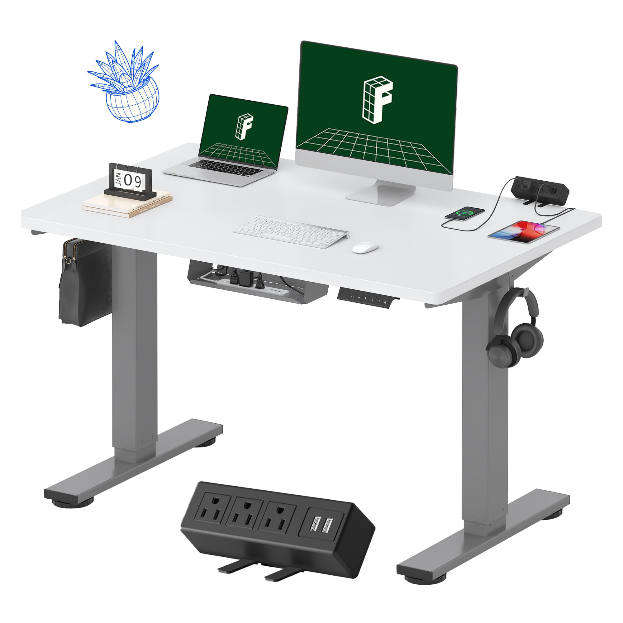 FLEXISPOT EN2 Electric Standing Desk 48 x 30 Inches - Height Adjustable Whole-Piece Stand Up Desk with Clamp Power Strip & Cable Management (Gray Frame, White Top) - Perfect for Home Office, Gaming Setup & Workspace Ergonomics