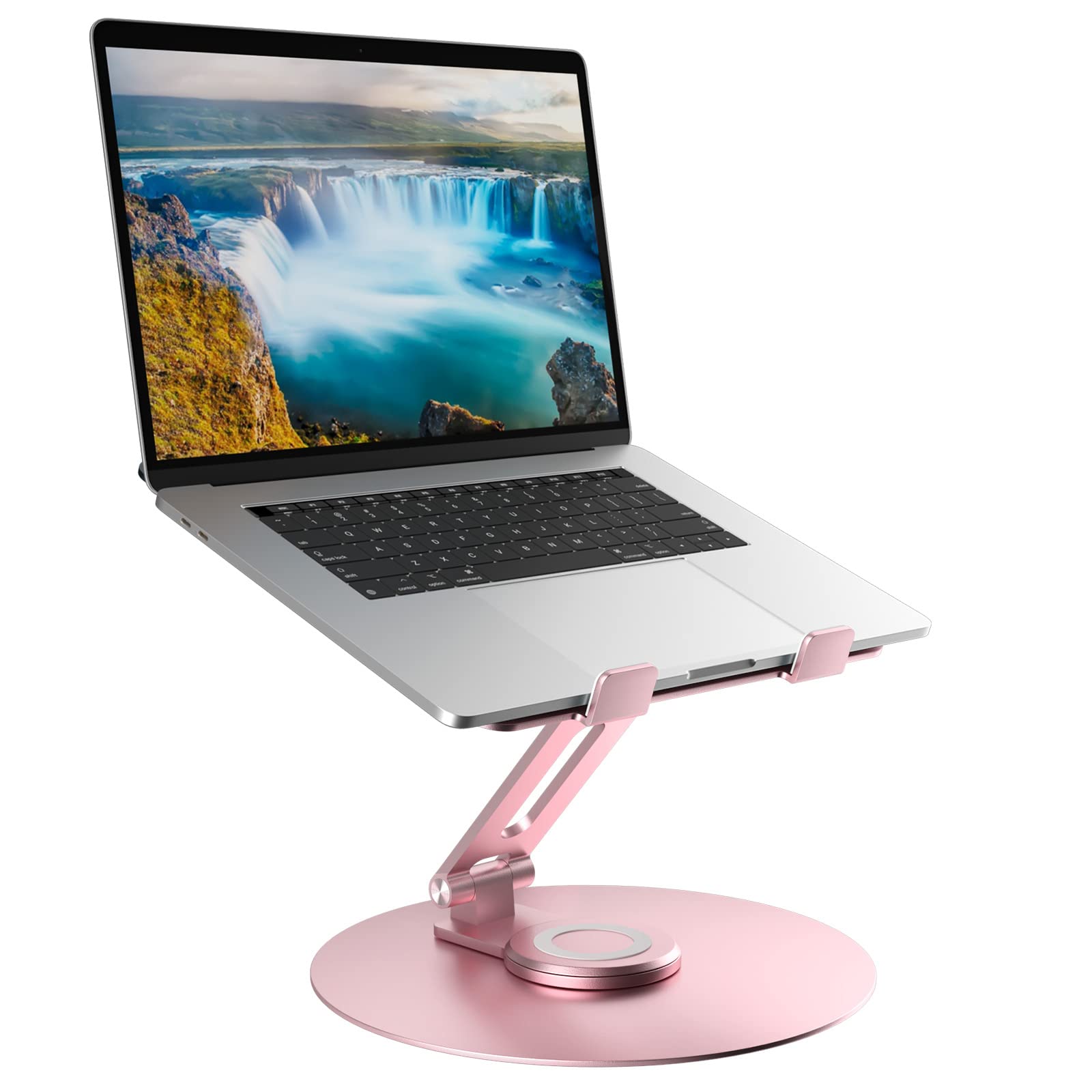 Swivel Laptop Stand for Desk - Adjustable Height, 360° Rotating Base, Foldable Ergonomic Riser, Portable Aluminum Holder for MacBook & All 10-17'' Laptops, Pink - Perfect for Home Office & Remote Work