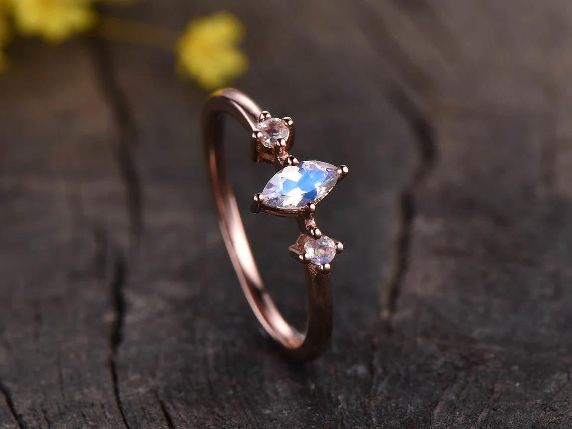 Marquise Moonstone Engagement Ring - Rose Gold Three Stone Vintage Ring for Women | Perfect for Weddings, Proposals & Anniversary Gifts