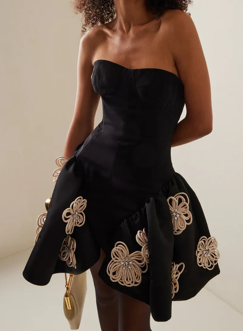 Sexy Black Strapless Floral Bandage Mini Dress for Women - Elegant Ball Gown for Birthday Parties, Evening Events & Celebrations | Perfect for Night Out, Club Wear & Special Occasions