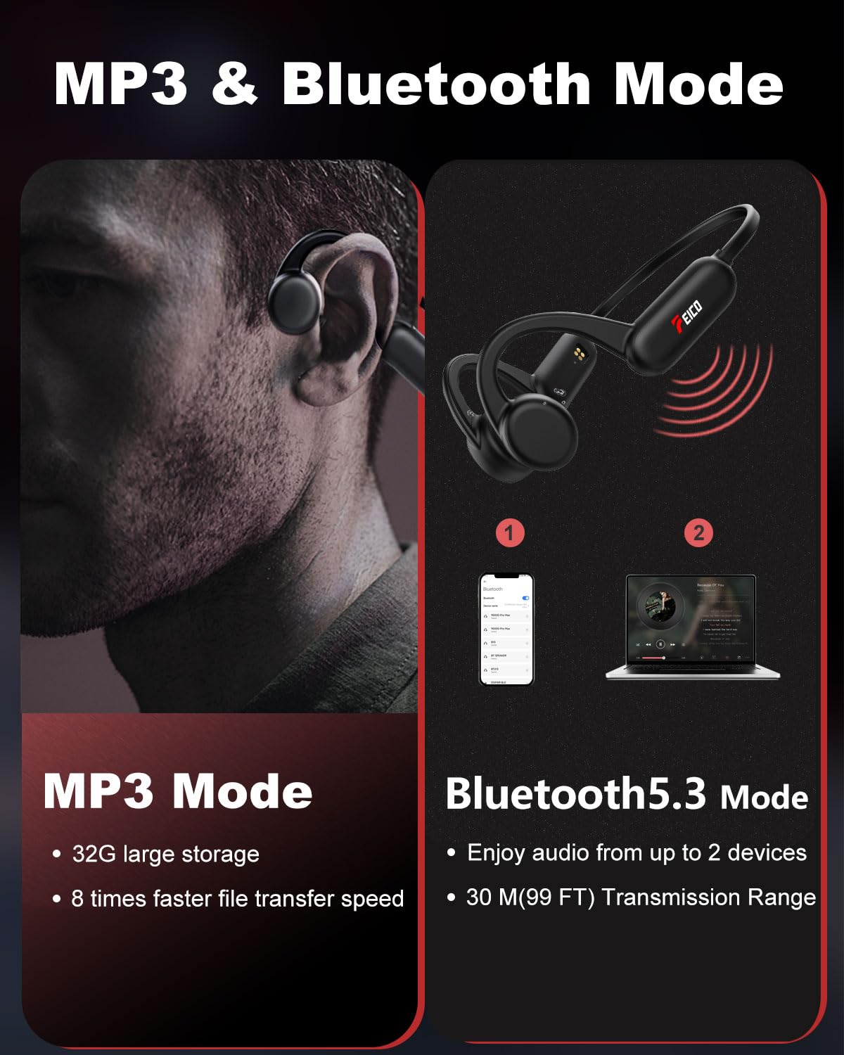 FEICO Bone Conduction Headphones - Bluetooth 5.3 Wireless Open-Ear Headset with Built-in Mic | 32GB MP3 Player & 10H Battery Life | IP68 Waterproof for Running, Cycling, Swimming | Perfect for Gym, Workouts & Outdoor Sports (Black)