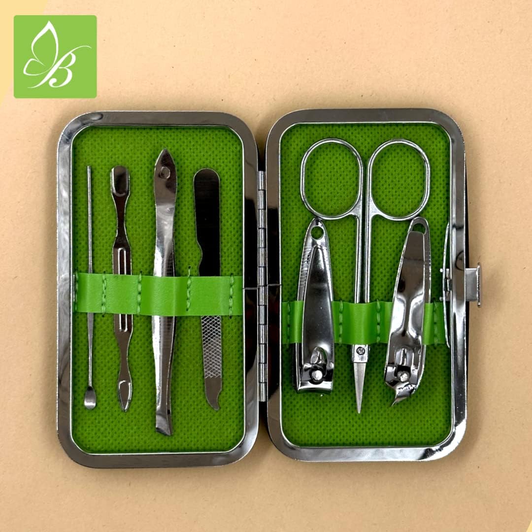 Beautifly 7-in-1 Stainless Steel Manicure & Pedicure Set - Portable Travel Nail Clippers Kit with Nail Cutter, Green | Perfect for Home, Travel, and Hygiene Care