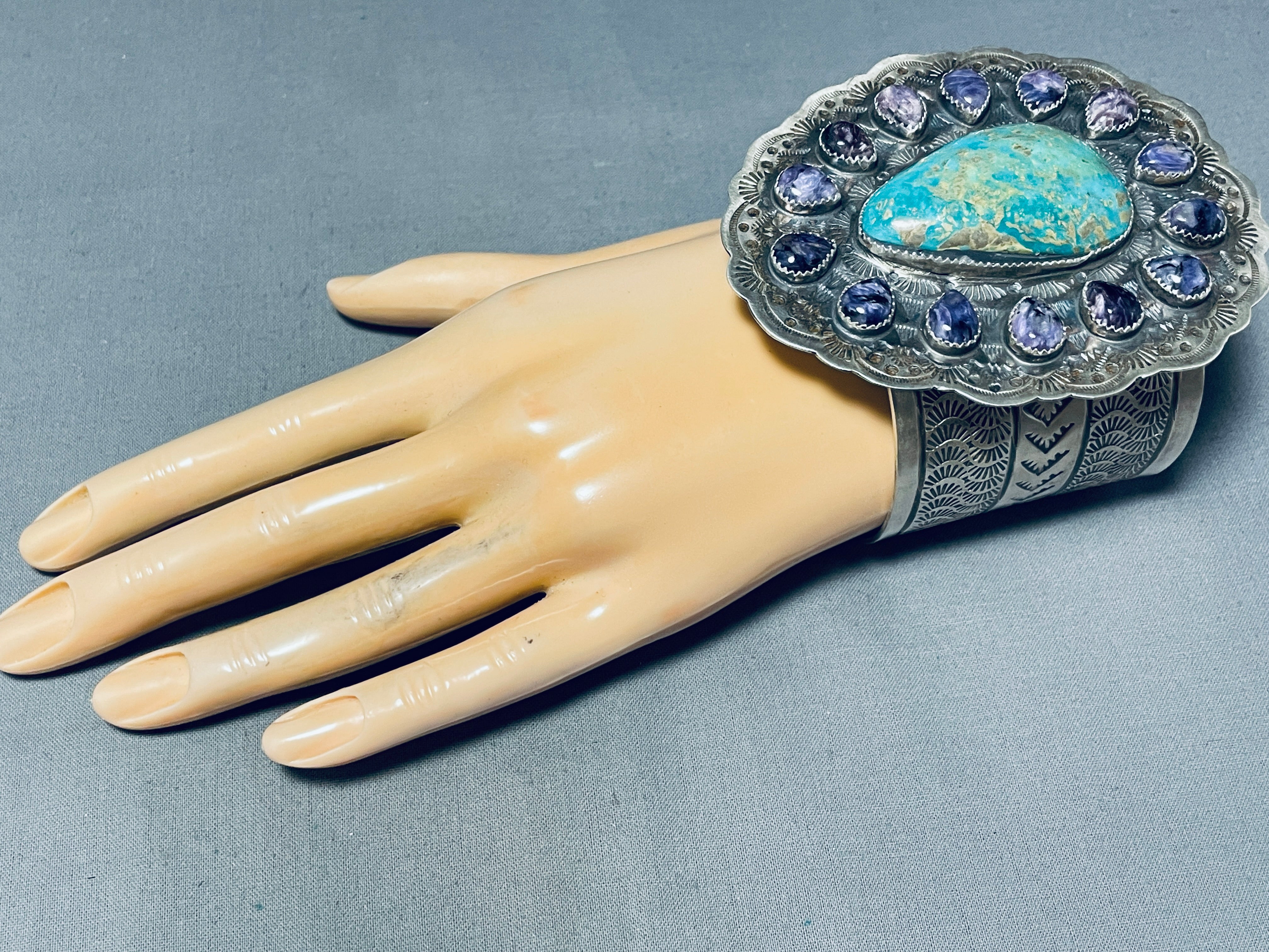 Authentic Navajo Turquoise & Charoite Sterling Silver Bracelet - 164g Handmade Native American Jewelry for Women, Boho Chic Accessory, Perfect for Festivals & Special Occasions
