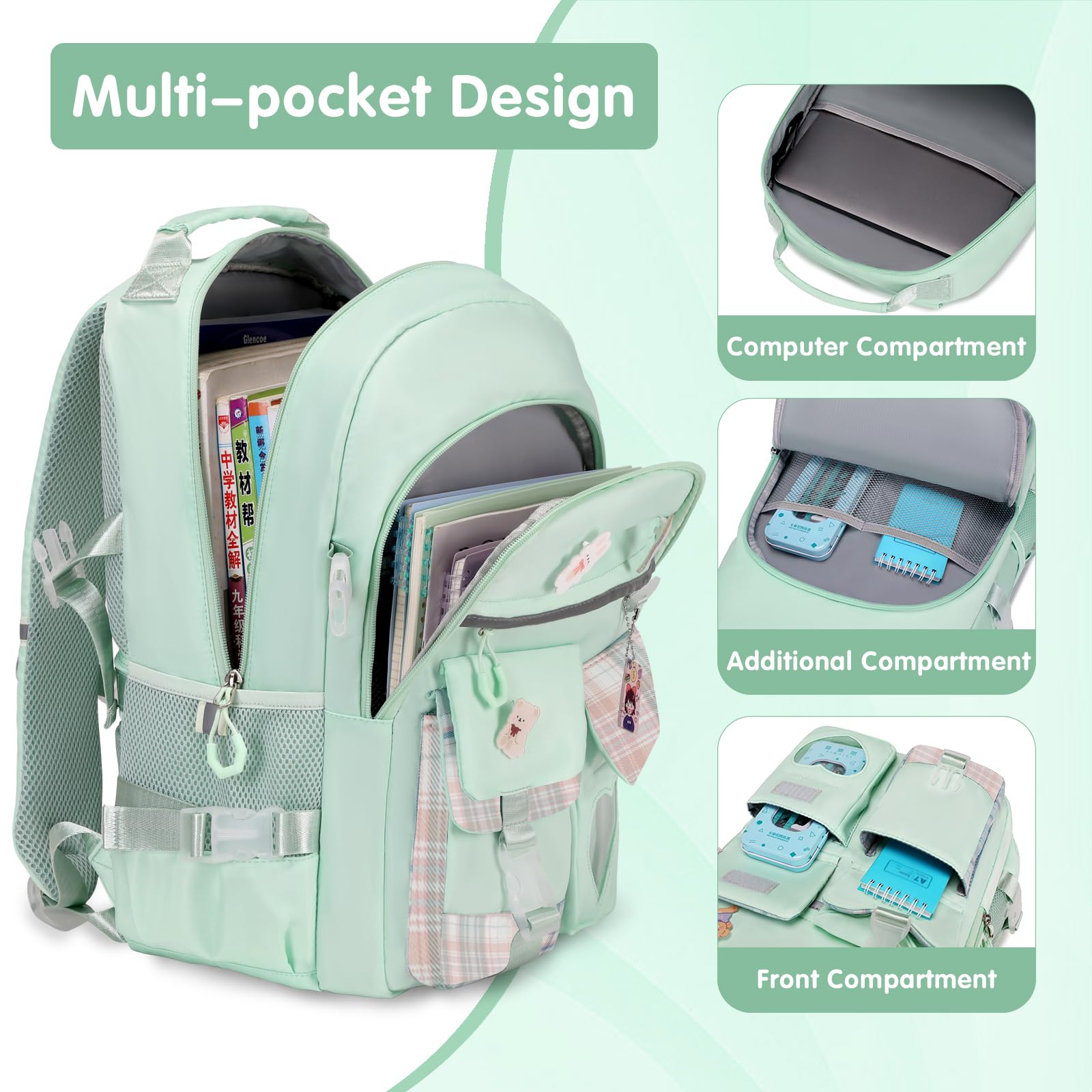 Stylish Girls Backpack for School, Travel & Daily Use - Cute Bookbag for Kids, Teens & Women - Lightweight Daypack with Lunch Box - Perfect for Elementary, Middle School & College (Green)