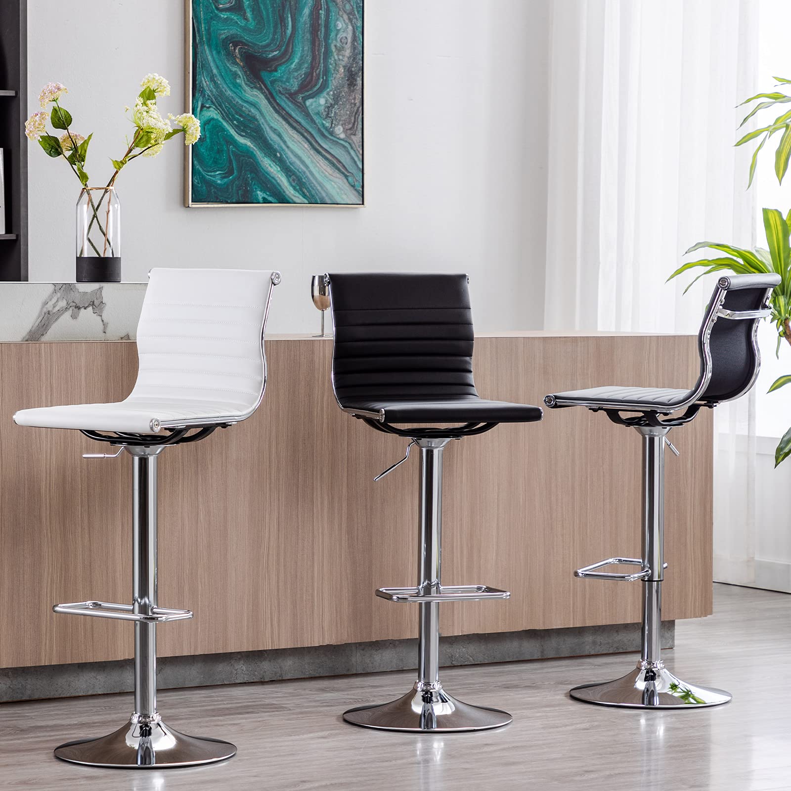 Modern Adjustable Swivel Bar Stools with Back - Faux Leather Counter Height Bar Chairs for Kitchen Island, Breakfast Bar & Dining Room - Comfortable Seating for Home & Restaurants (White, 1 Pack)