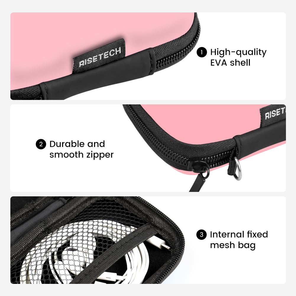 Premium RISETECH Earbud Case - Protective Travel Organizer for Bose Wired Earbuds, Phone Charger Cables, USB Flash Drives & SD Cards | Compact Electronic Accessories Pouch | Ideal for Commuting, Gym & Business Trips (Pink)