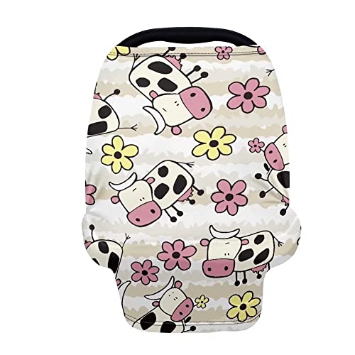 AFPANQZ Universal Baby Car Seat Cover Canopy - Cartoon Cow & Floral Nursing Cover, Windproof & Breathable Infant Car Canopy with Peek Window | Perfect for Strollers, Shopping, and Outdoor Travel