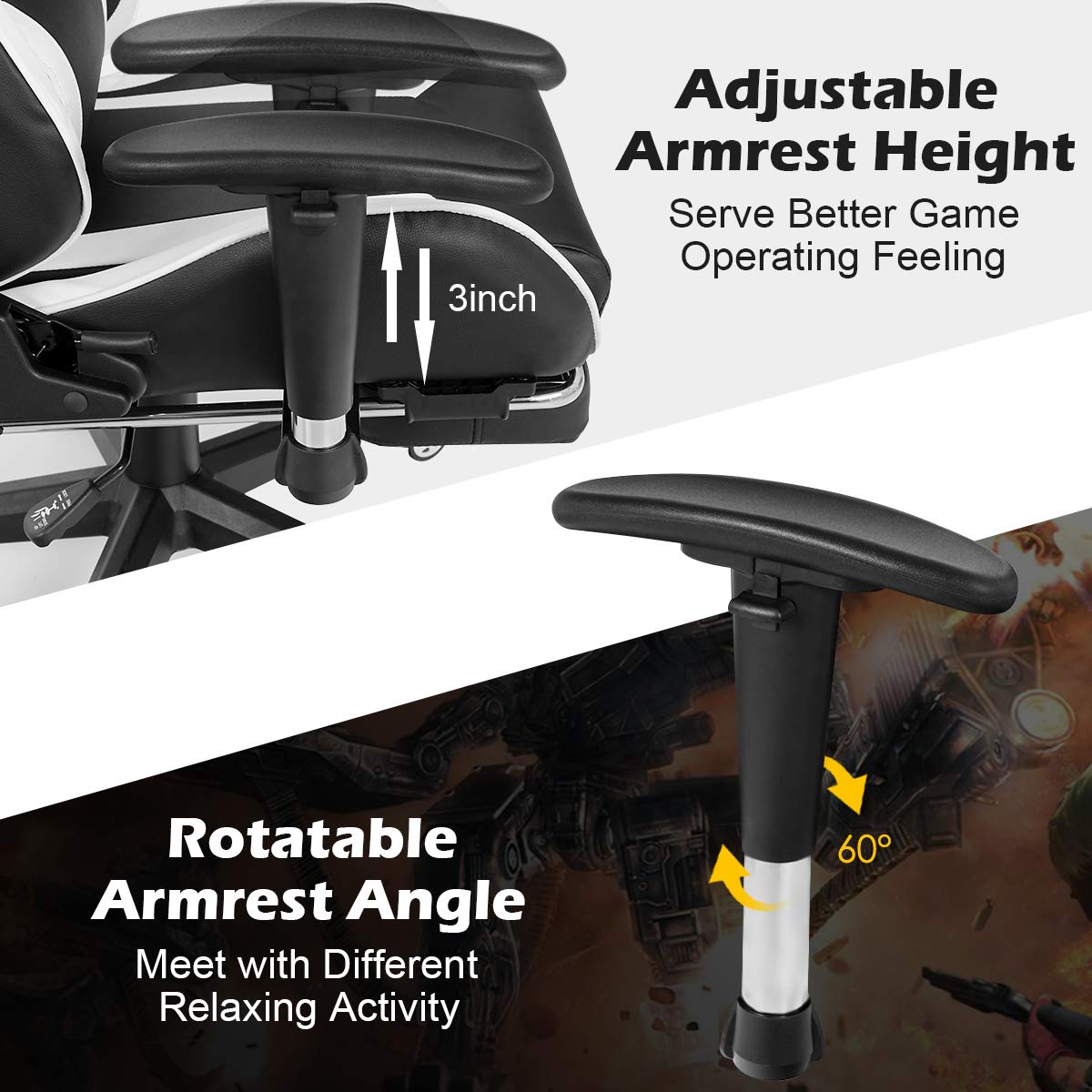 **POWERSTONE Ergonomic Gaming Chair with Adjustable Footrest & Lumbar Massage - Racing Style Computer Desk Chair for PC & Console Gamers - Reclining Office Chair with Headrest & Adjustable Armrests (Black & White) - Perfect for Long Gaming Sessions, Work from Home & Esports**