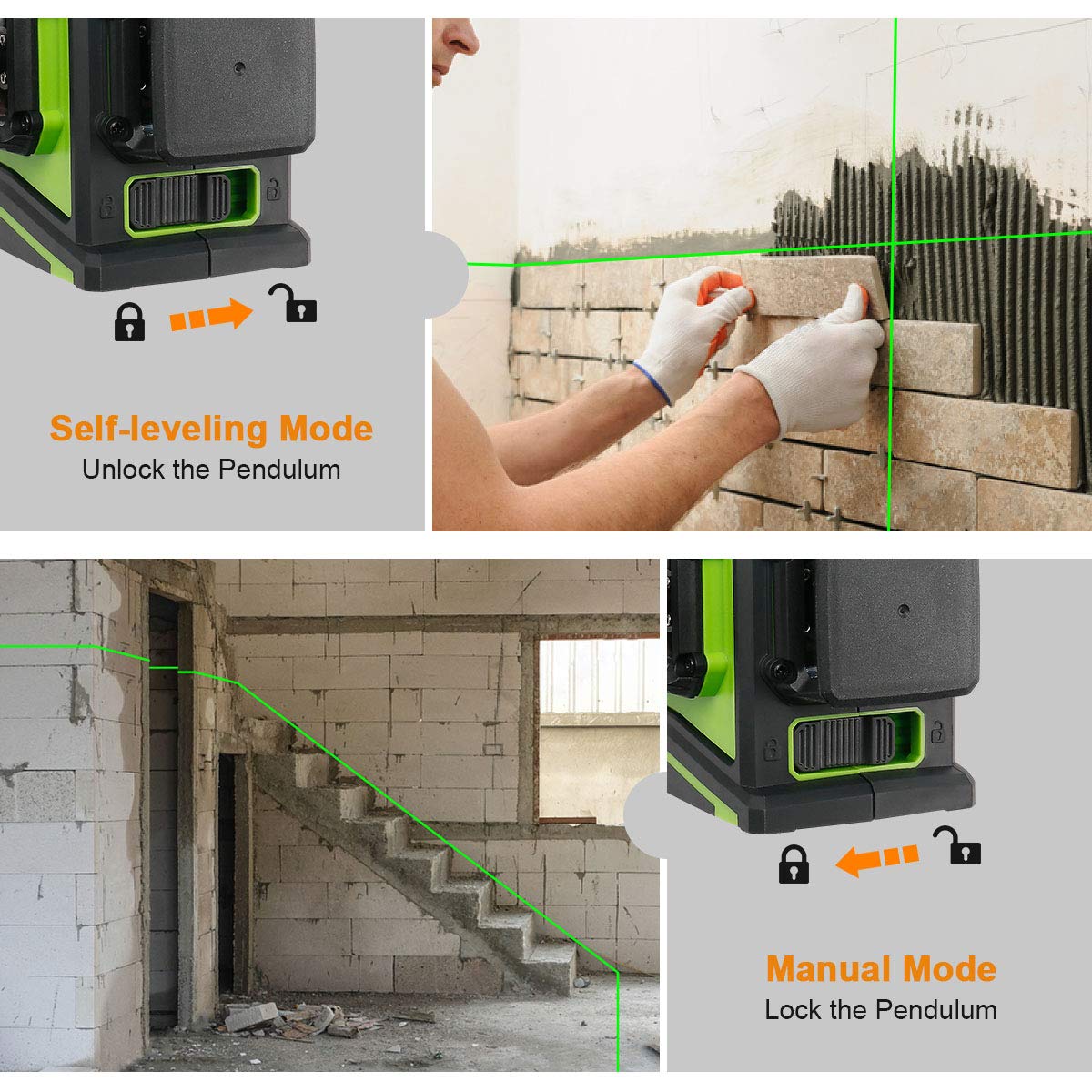 Huepar GF360G 3D Green Beam Self-Leveling Laser Level with 3 x 360° Cross Lines - Two Vertical & One Horizontal Plane Alignment Tool - Magnetic Pivoting Base for Construction, Tiling, and DIY Projects
