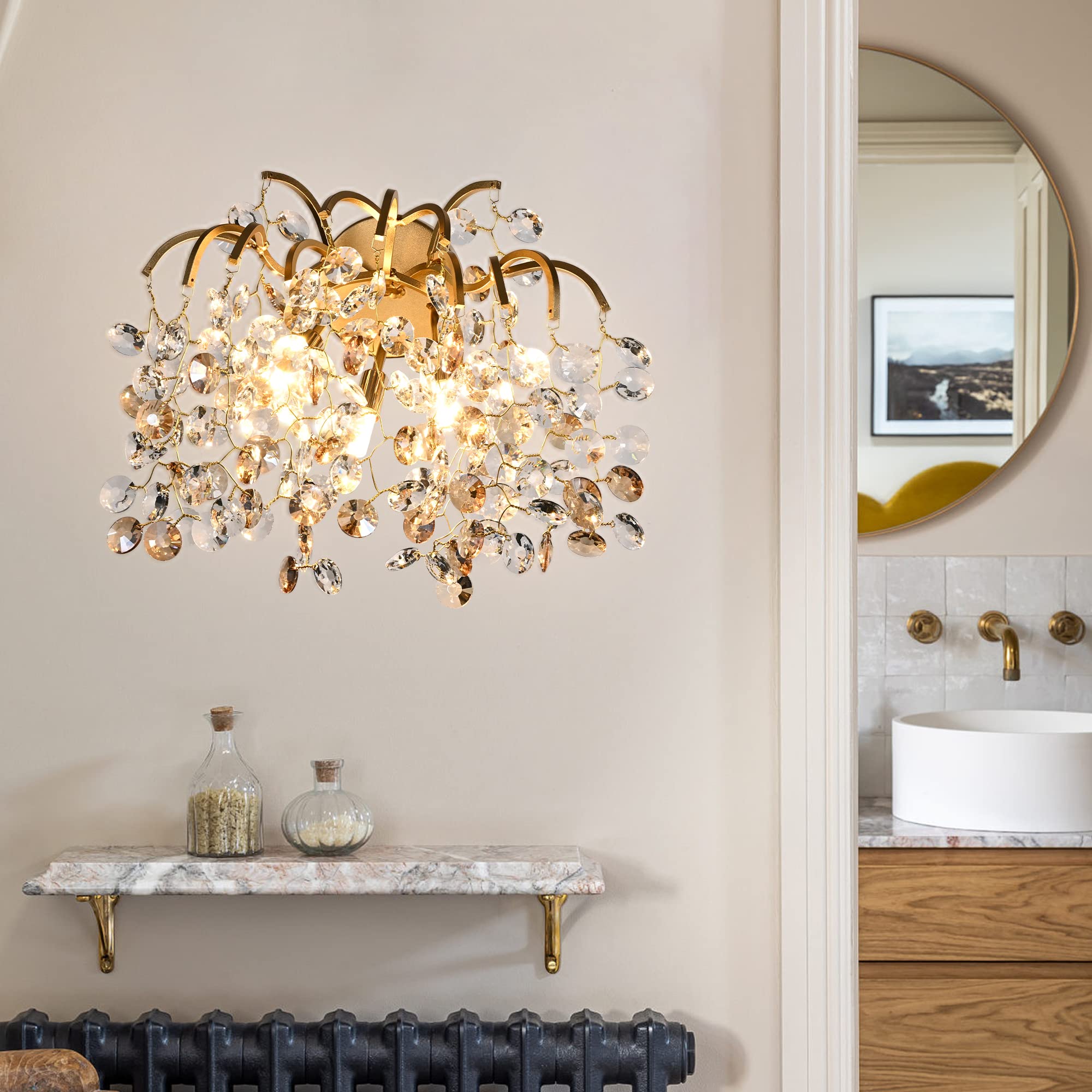 Modern Crystal Wall Sconces - Gold Tree Branch Raindrop Wall Light Fixture for Living Room, Bedroom, Hallway | Elegant Lighting for Home Decor & Bedside Ambience
