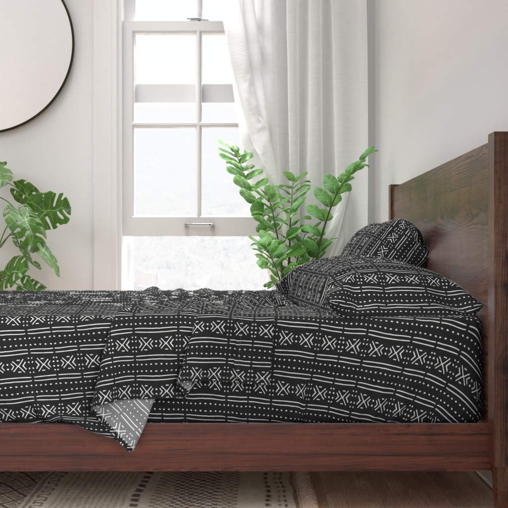 Spoonflower 100% Cotton King Size 4-Piece Sheet Set - Dark Geometric Boho Black & White Mudcloth Print Custom Bedding | Soft & Breathable for Comfortable Sleep, Perfect for Master Bedroom & Guest Room Decor