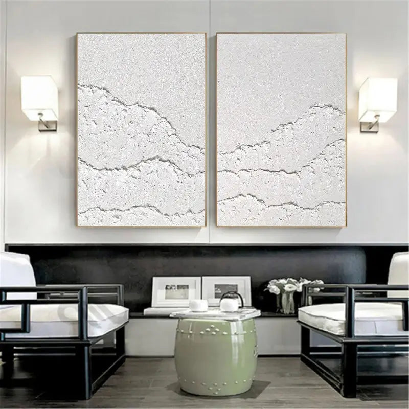 Minimalist White Textured Canvas Paintings - Set of 2 Modern Abstract Wall Art (#MM067) for Living Room, Bedroom & Office Decor