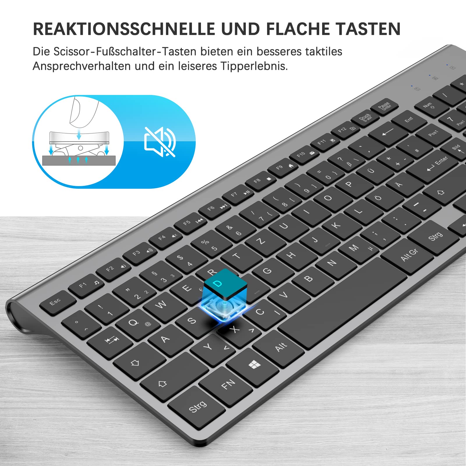 JOYACCESS Wireless Keyboard and Mouse Set, 2.4G Ultra-Thin Keyboard with Mouse, QWERTZ Layout (German), Ergonomic Keyboard Mouse Combo for Computer/Desktop/PC/Laptop - Windows 10/8/7, Black & Gray - Perfect for Office, Home, and Gaming Use