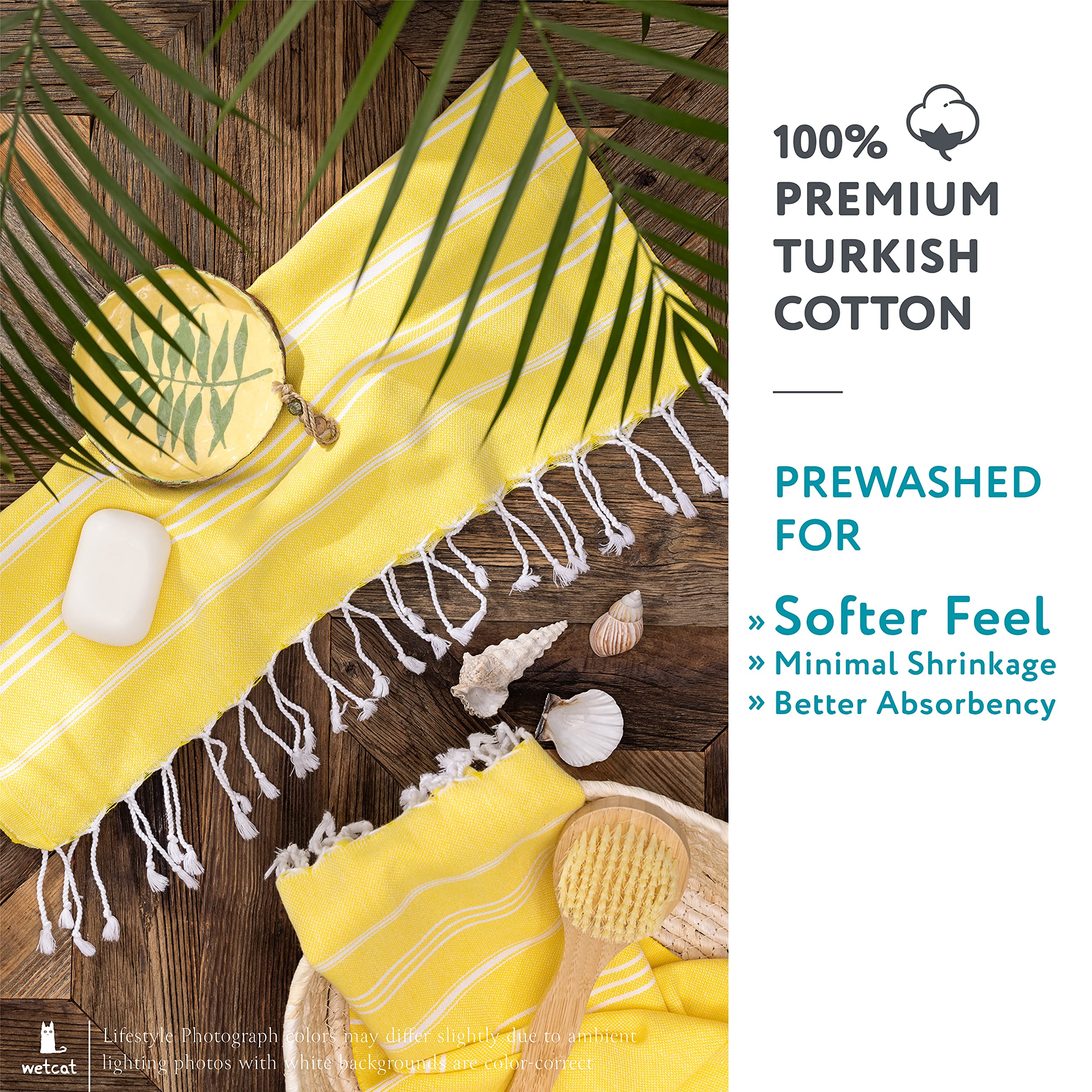 WETCAT Premium 100% Turkish Cotton Hand Towels with Hanging Loop - Set of 2 (20x30 Inches), Pre-Washed & Quick Dry - Soft Kitchen & Bathroom Towels for Dishes, Hands & Face - Yellow