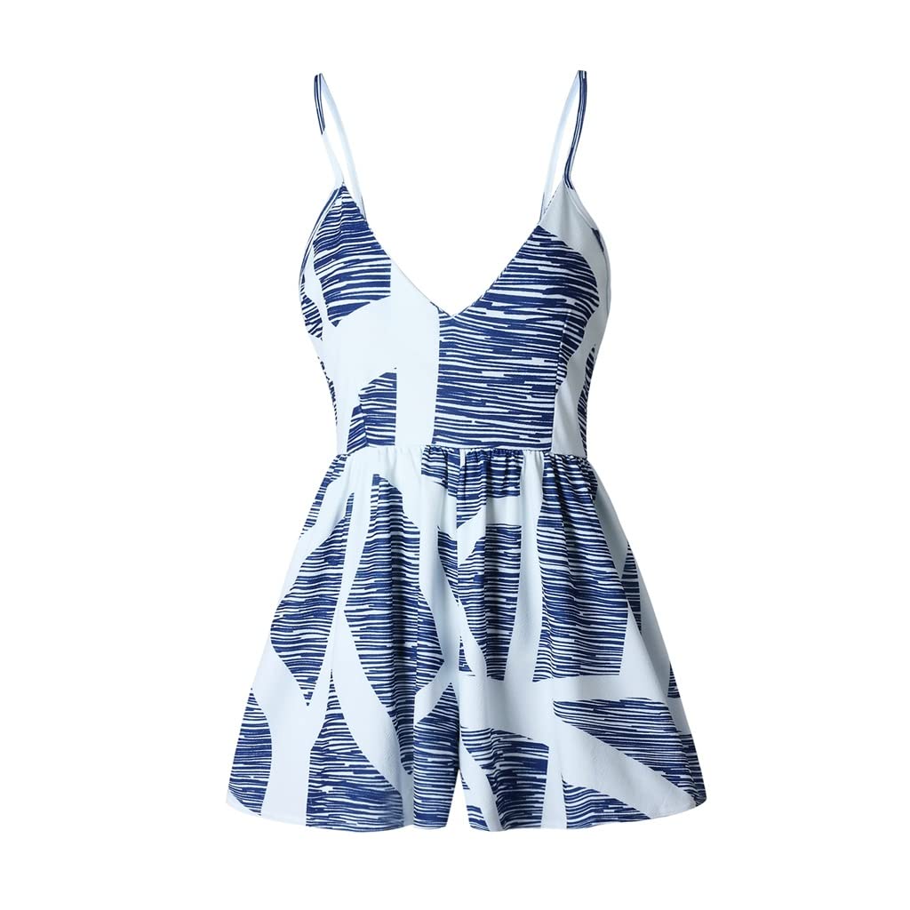 Sexy V Neck Spaghetti Strap Printed Jumpsuit for Women - Summer Sleeveless Beach Cover Up Loose Romper (Color: Blue, Size: Large) | Perfect for Beach Vacations, Pool Parties and Summer Outings