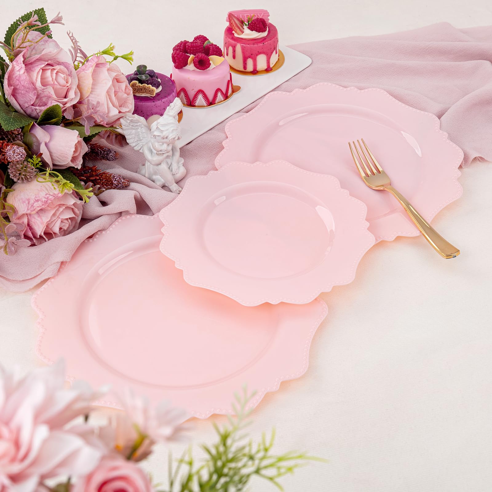 COLOSUS 60-Pack Pink Plastic Plates for Wedding, Birthday & Easter Parties - Dinner & Dessert Use