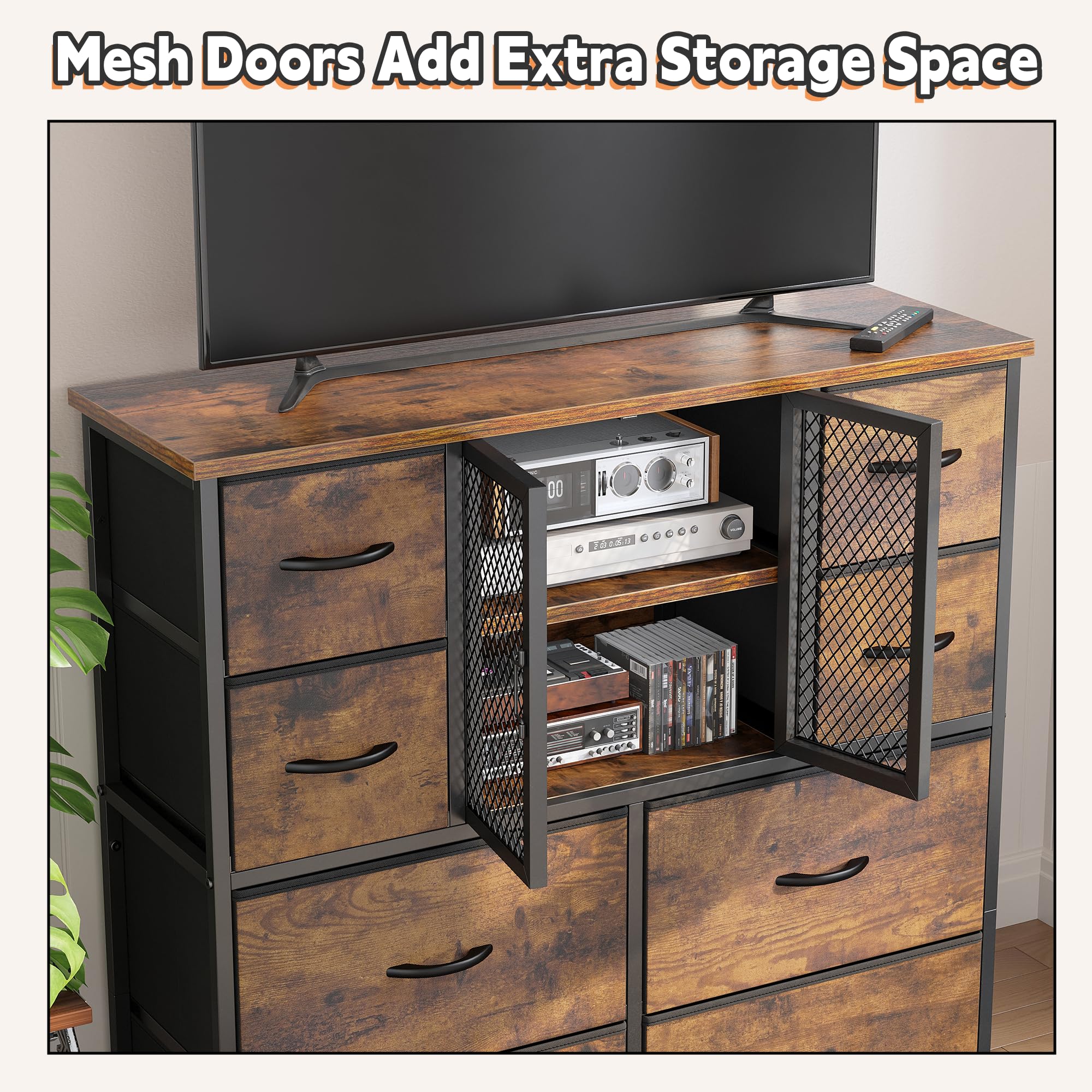 Rustic Brown Tall Dresser with 10 Fabric Drawers - Wood Top & Metal Frame Bedroom Storage Organizer for Closet or Entryway (48.1