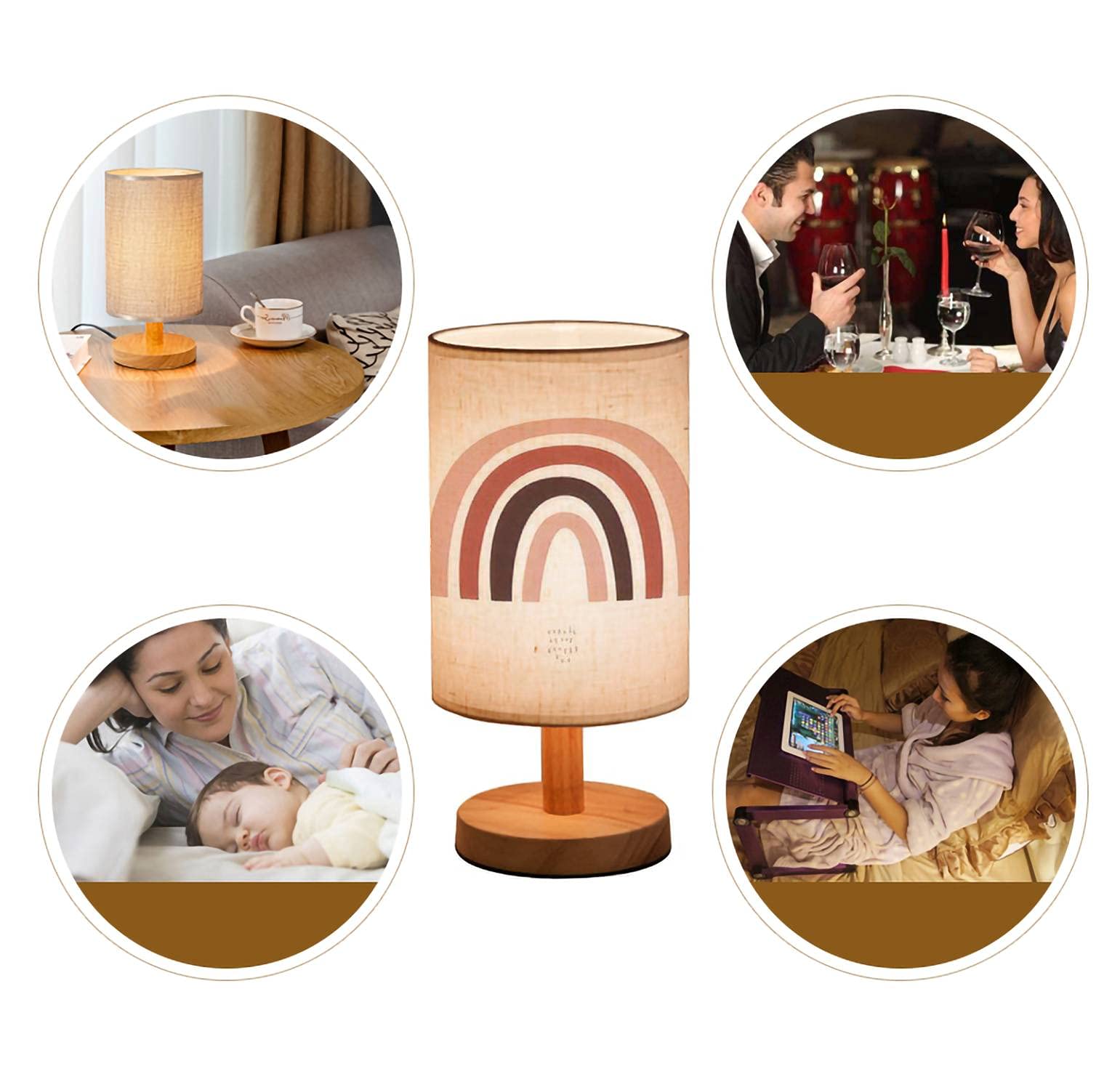Modern Abstract Rainbow Wooden Bedside Table Lamp - Scandinavian Minimalist Nightstand Light with Geometric Flaxen Fabric Shade for Kids Room, Bedroom & Living Room - Perfect for Reading, Decor and Ambient Lighting