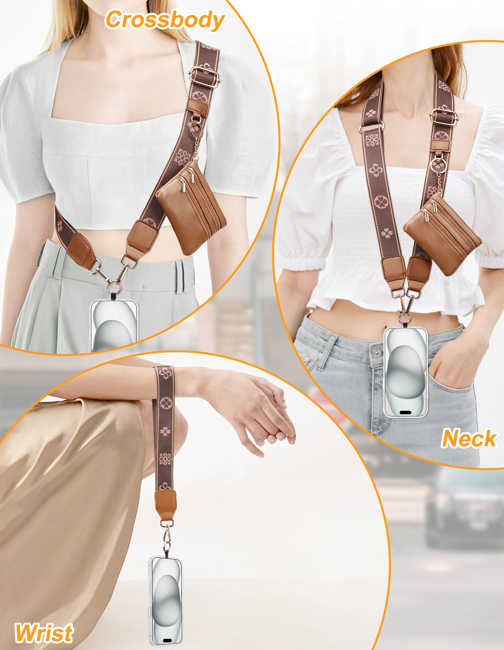Jusy Clip and Go Strap for Phone with Wallet Crossbody - Adjustable Multifunction Lanyard with Zippered Pouch & Leather Wallet for iPhone, Samsung & All Smartphones (Brown) - Perfect for Travel, Shopping & Hands-Free Convenience