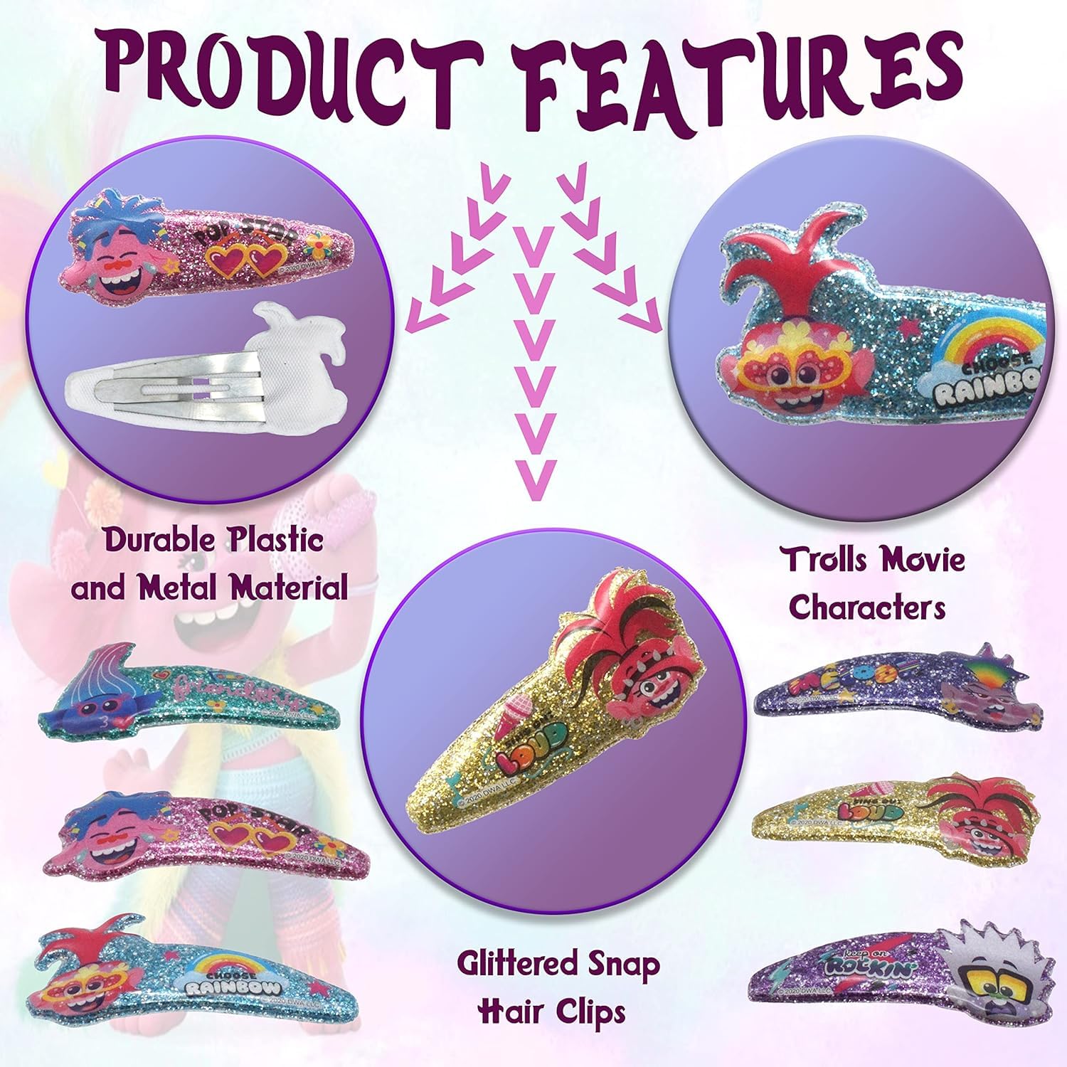 6-Pack Trolls Glitter Snap Hair Clips for Kids - Snag-Free Metal Barrettes, Non-Slip Hair Grips (5cm) - Perfect for Christmas Gifts, Birthday Parties & School Hair Accessories