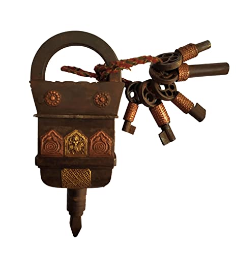 Vintage Brass Copper Iron Square Tricky Puzzle Padlock with 5 Keys - Heavy Duty Antique Look Handmade Lock for Home Security, Toolbox, Storage Units & Collectibles