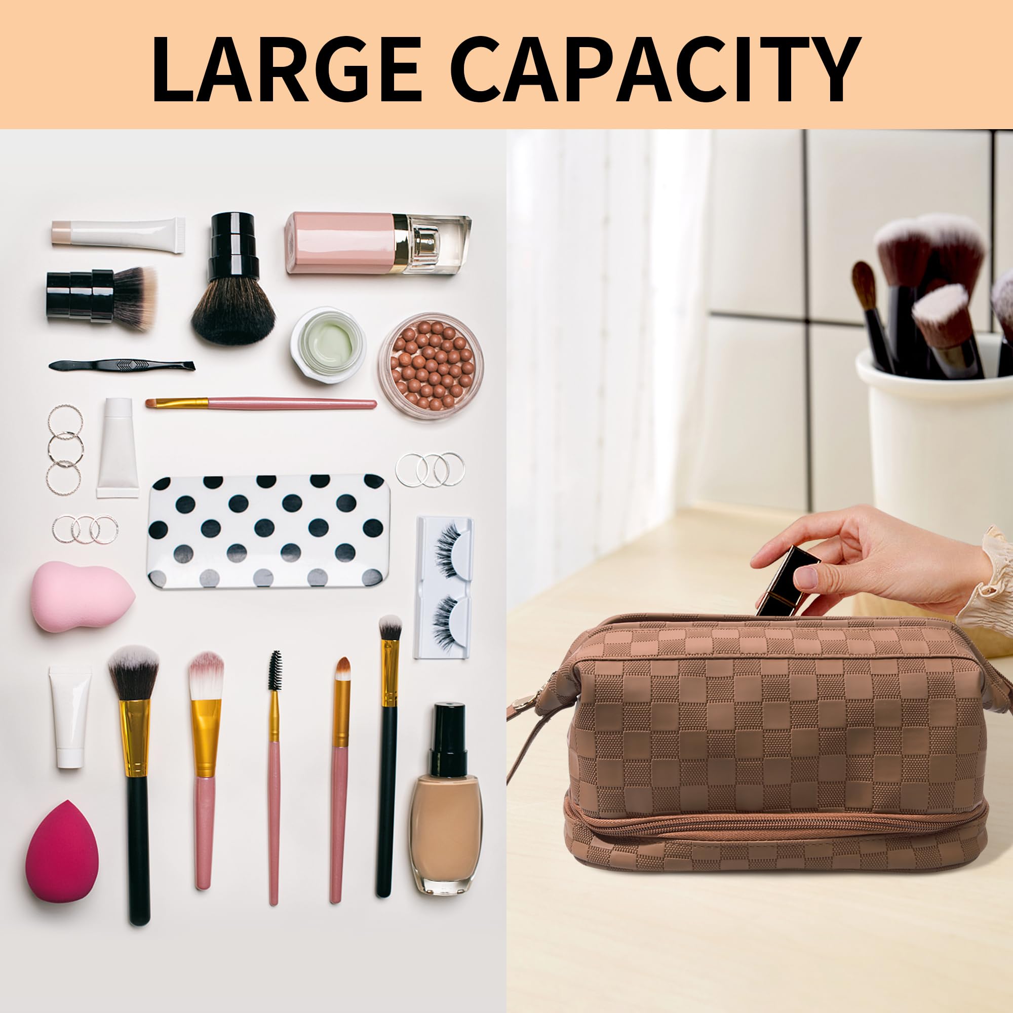 Abiudeng Large Waterproof Makeup Bag - Travel Cosmetic Organizer with Bottom Pouch, Cute Toiletry Bag for Women | Perfect for Travel, Gym & Daily Essentials Storage