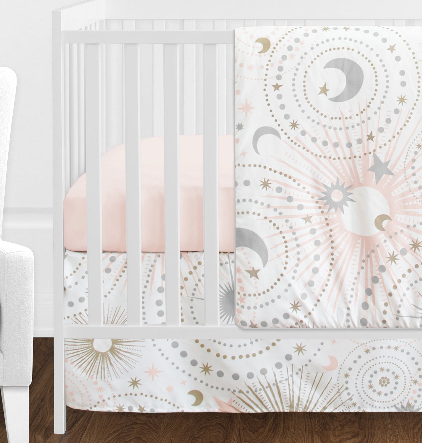 Sweet Jojo Designs 11-Piece Blush Pink, Gold, Grey & White Celestial Star Moon Baby Crib Bedding Set - Soft Nursery Bedding for Girls, Perfect for Newborns & Toddlers (Crib Sheets, Blanket, Skirt)