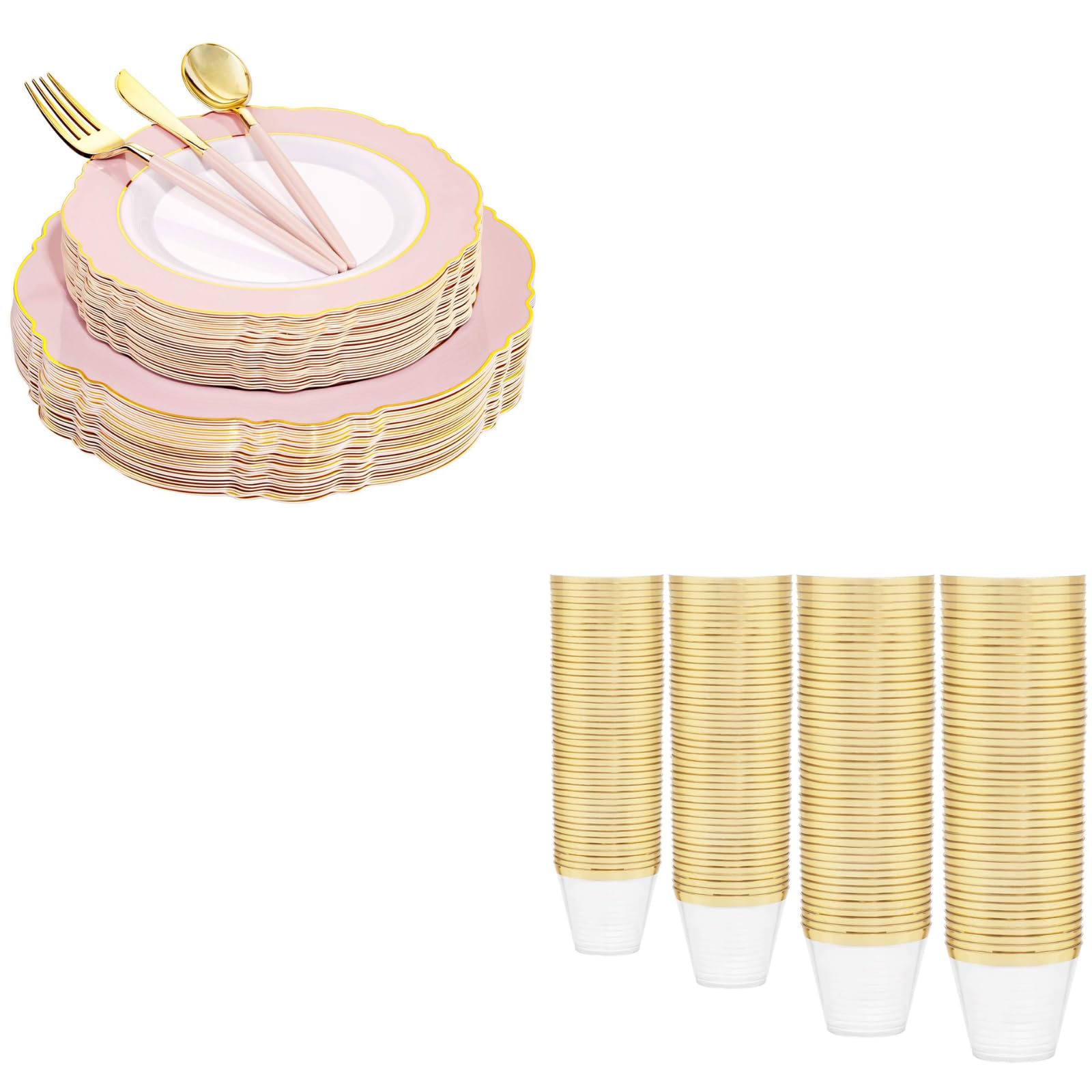 200-Pack Gold Plastic Cups, 30-Pack Pink Plastic Plates & Gold Plastic Cutlery with Pink Handles - Perfect for Birthday Parties, Weddings, and Outdoor Events