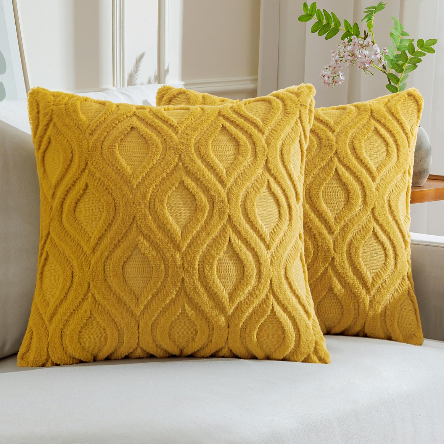 MIULEE Mustard Yellow Throw Pillow Covers 18x18 Inch - Soft Plush Faux Wool Decorative Pillow Covers Set of 2 for Farmhouse & Boho Style - Perfect for Sofa, Living Room, Bedroom & Home Decor