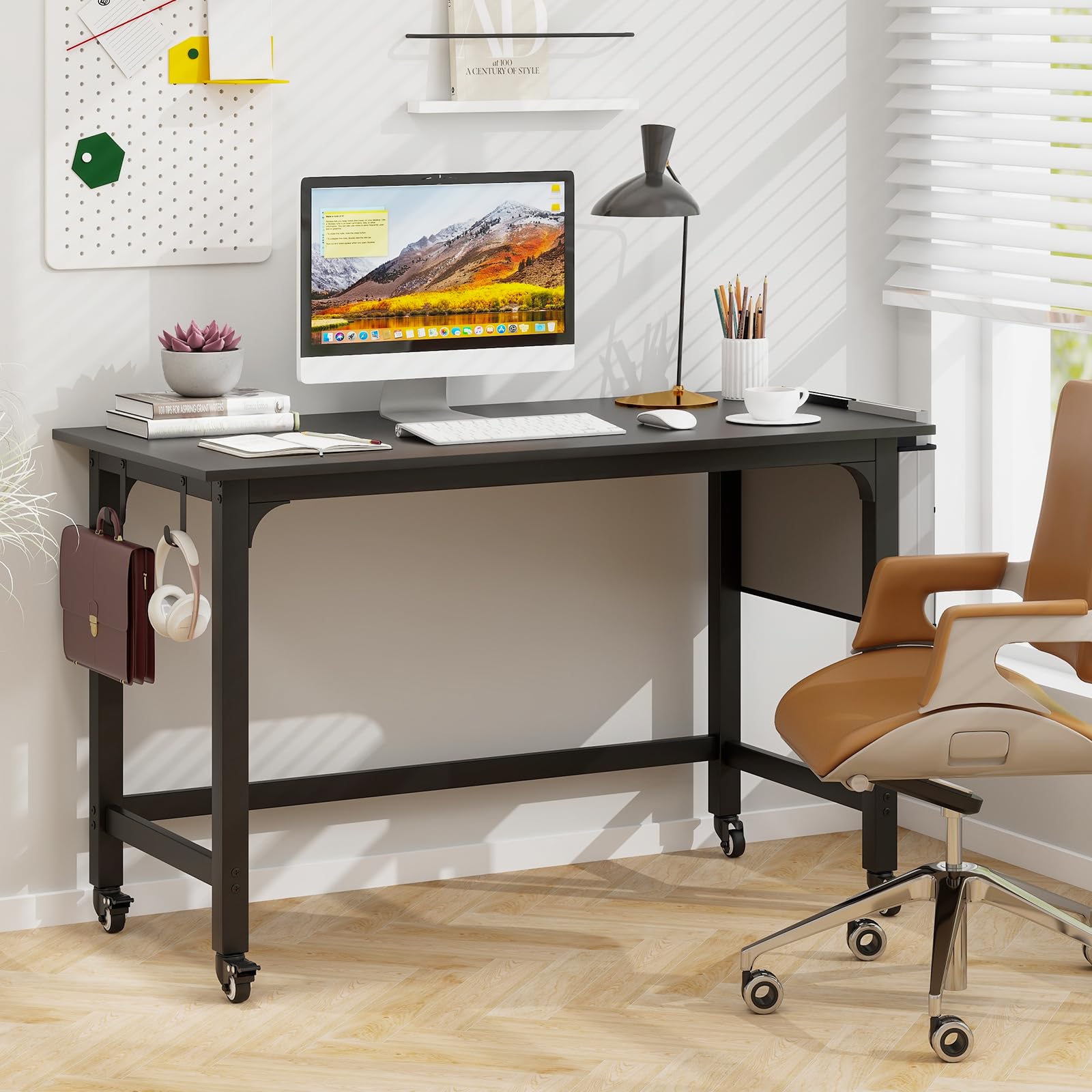 Tangkula 48 Inch Mobile Computer Desk with Storage Bag & 2 Hooks - Rolling Home Office Desk with Lockable Wheels, Study Writing Table for Bedroom, Dorm, Small Space - Perfect for Remote Work & Online Classes