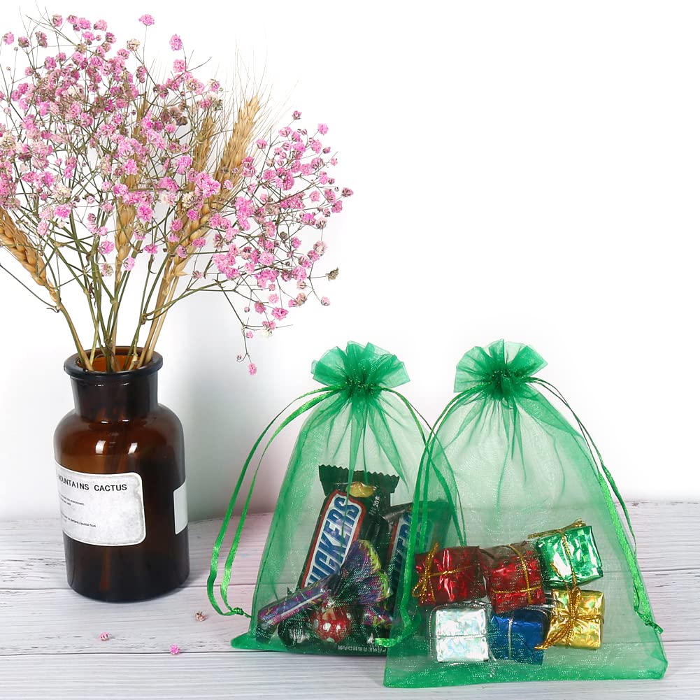 100pcs 5x7 Inch Green Organza Drawstring Bags - Mesh Gift Pouches for Jewelry, Christmas Candy & Party Favors - Perfect for Wedding, Baby Shower & Birthday Gifts