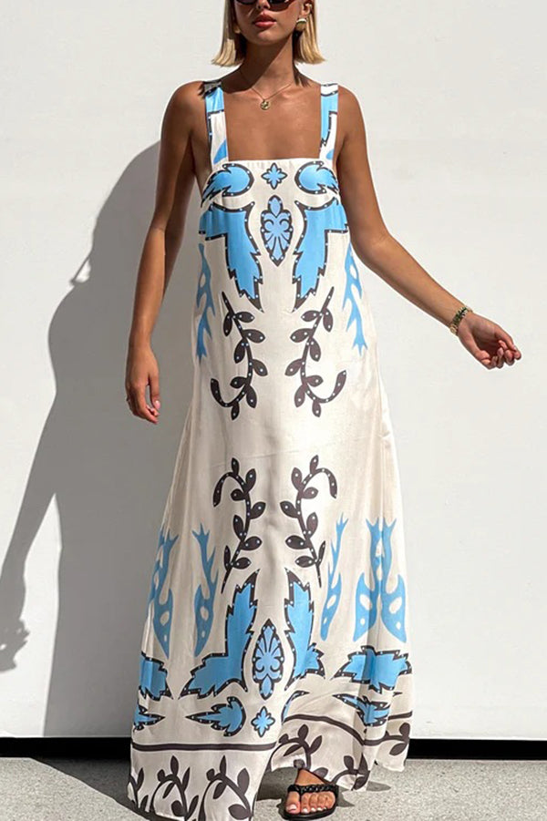 Stylish Square Neck Open Back Lace-Up Flowy Maxi Dress with Unique Print - Perfect for Beach Vacations, Summer Parties & Boho Fashion