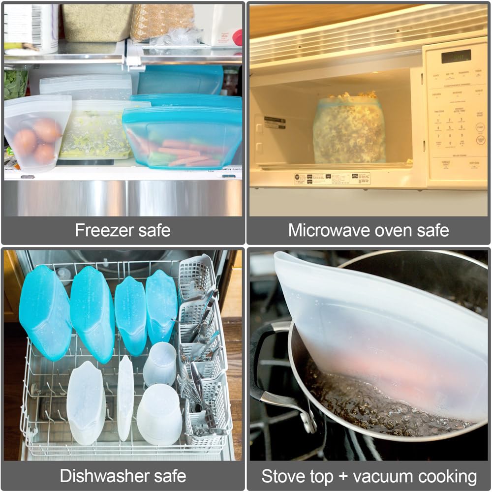 6-Pack Reusable Silicone Food Storage Bags | Airtight Zip Containers for Fruits, Vegetables & Snacks | Microwave, Dishwasher & Freezer Safe | Eco-Friendly Kitchen Essentials (Blue) - Perfect for Meal Prep, Lunch Boxes & On-the-Go Snacking