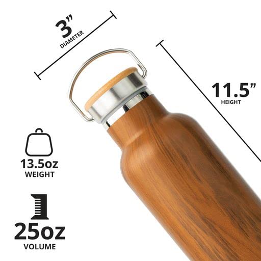 Elemental Classic 25oz Stainless Steel Water Bottle - Double Wall Insulated, Leak Proof Thermos with Bamboo Lid & Teak Wood Finish - Perfect for Travel, Gym, Sports, Hiking & Everyday Hydration